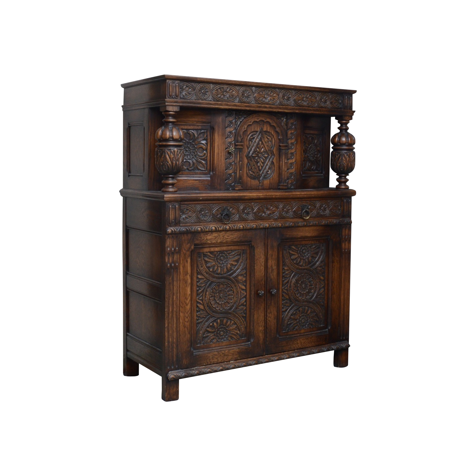 Jacobean Revival Carved Oak Cabinet, 1930s