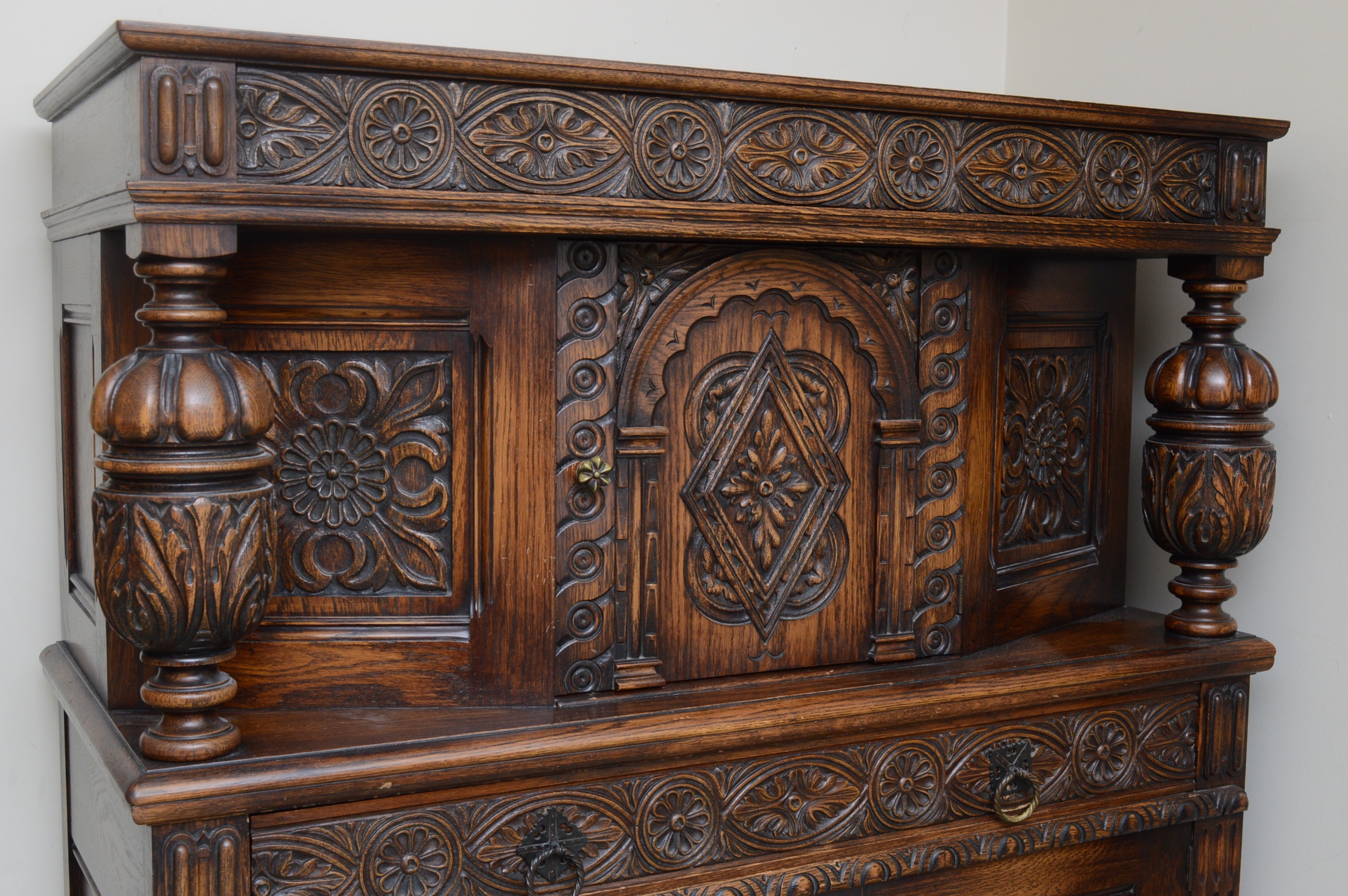 Jacobean Revival Carved Oak Cabinet, 1930s