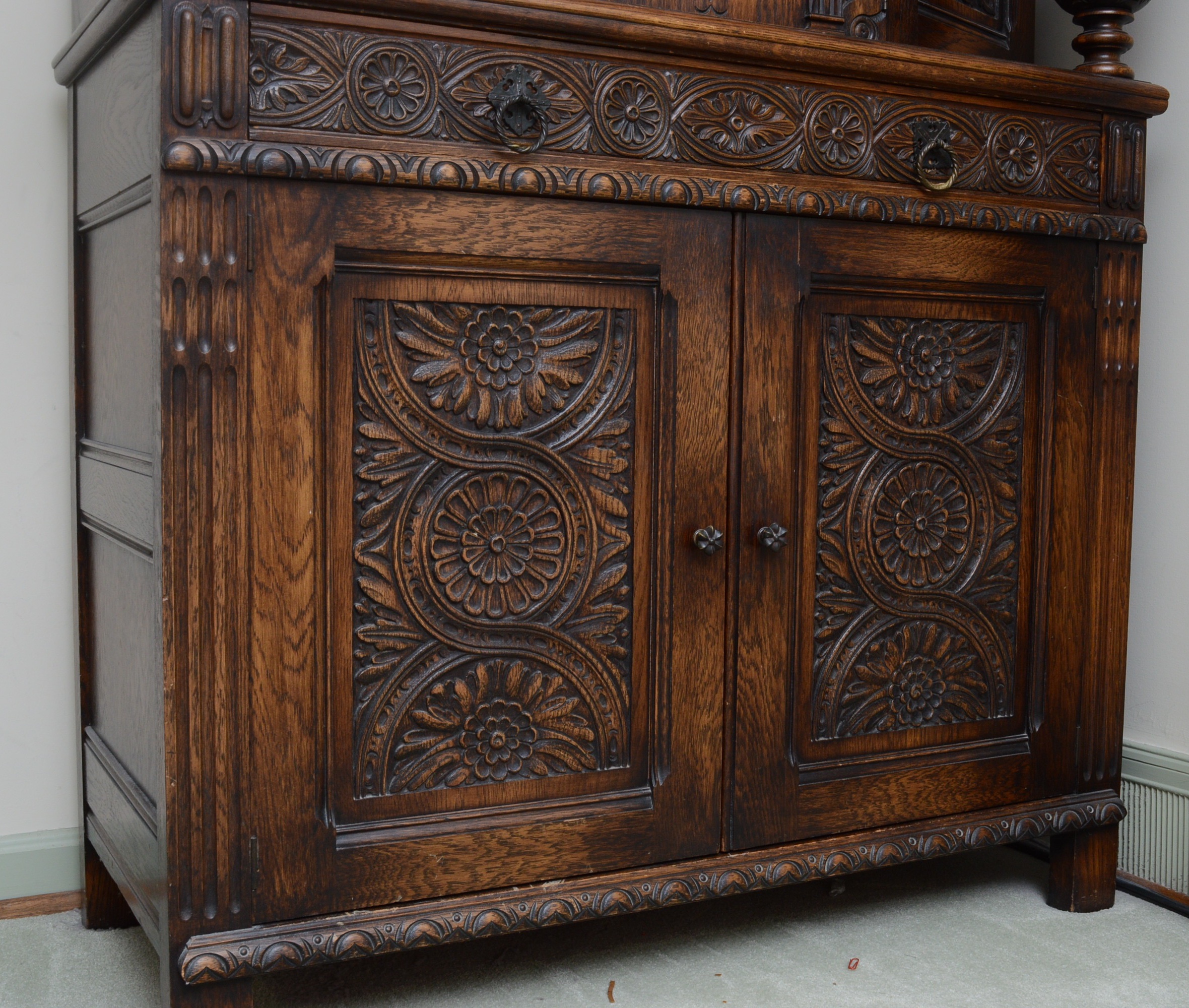Jacobean Revival Carved Oak Cabinet, 1930s