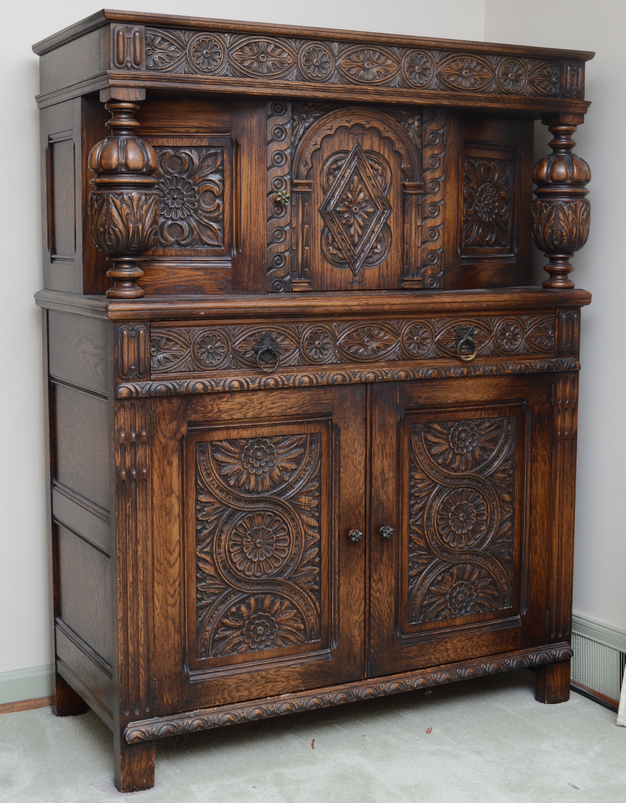 Jacobean Revival Carved Oak Cabinet, 1930s