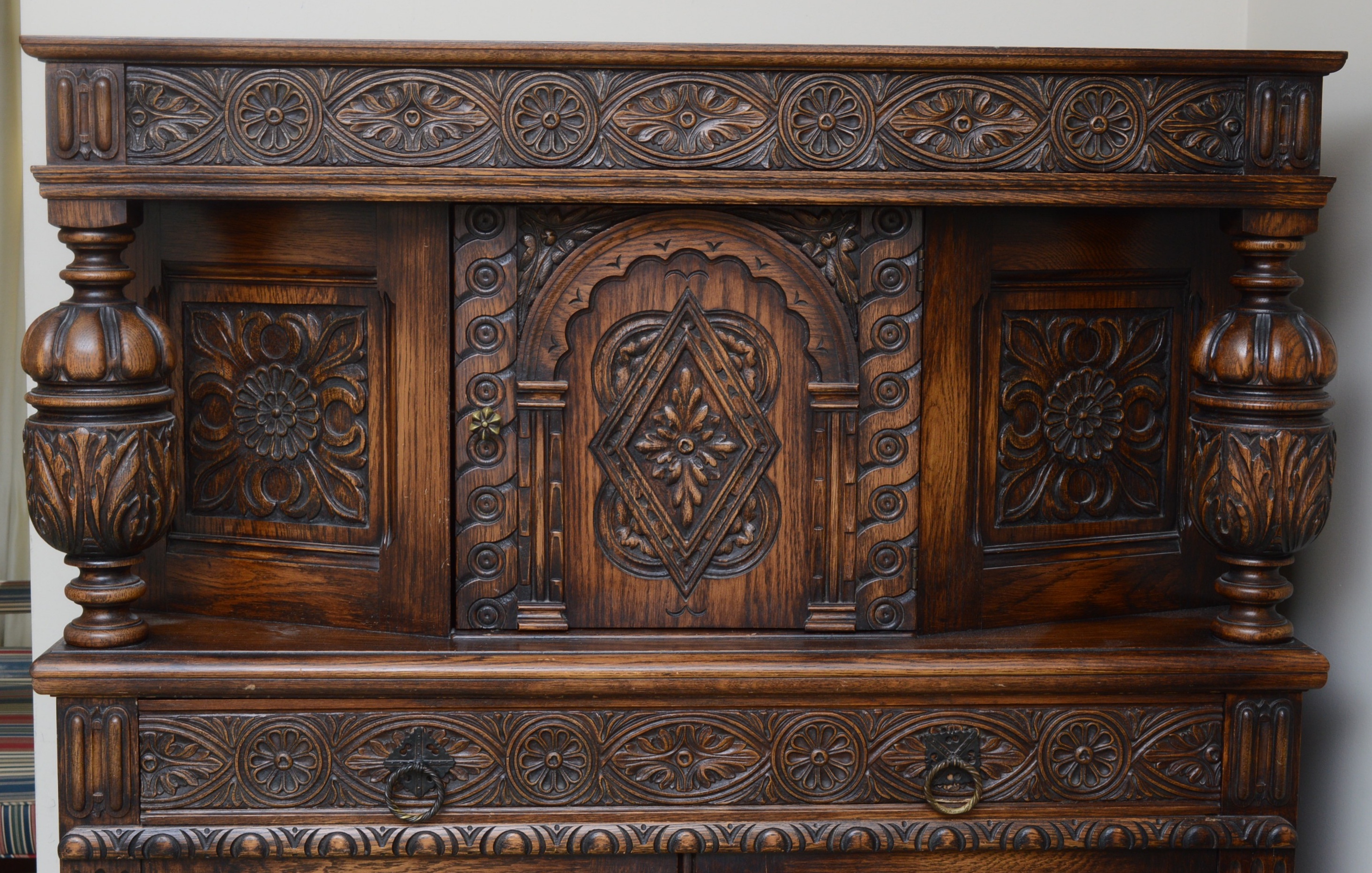 Jacobean Revival Carved Oak Cabinet, 1930s