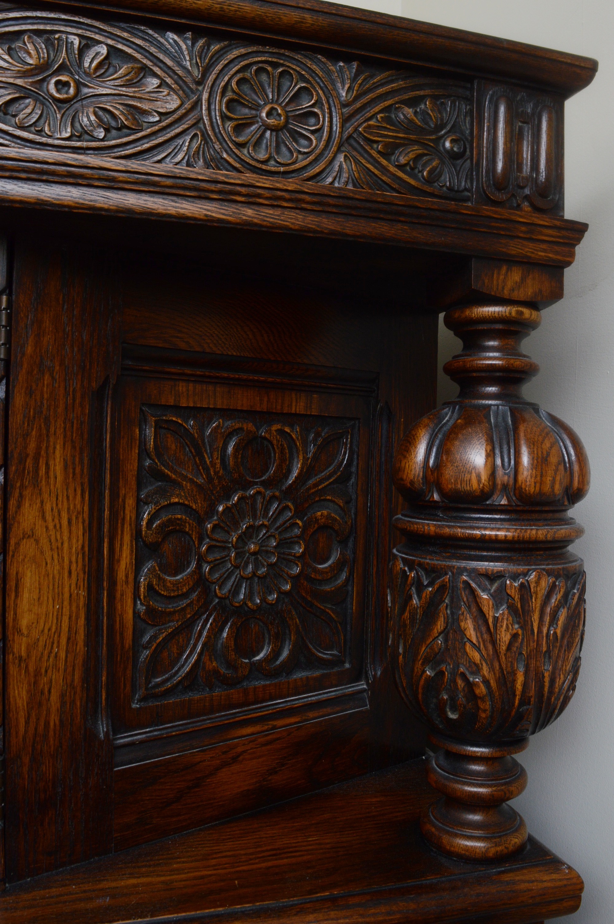 Jacobean Revival Carved Oak Cabinet, 1930s