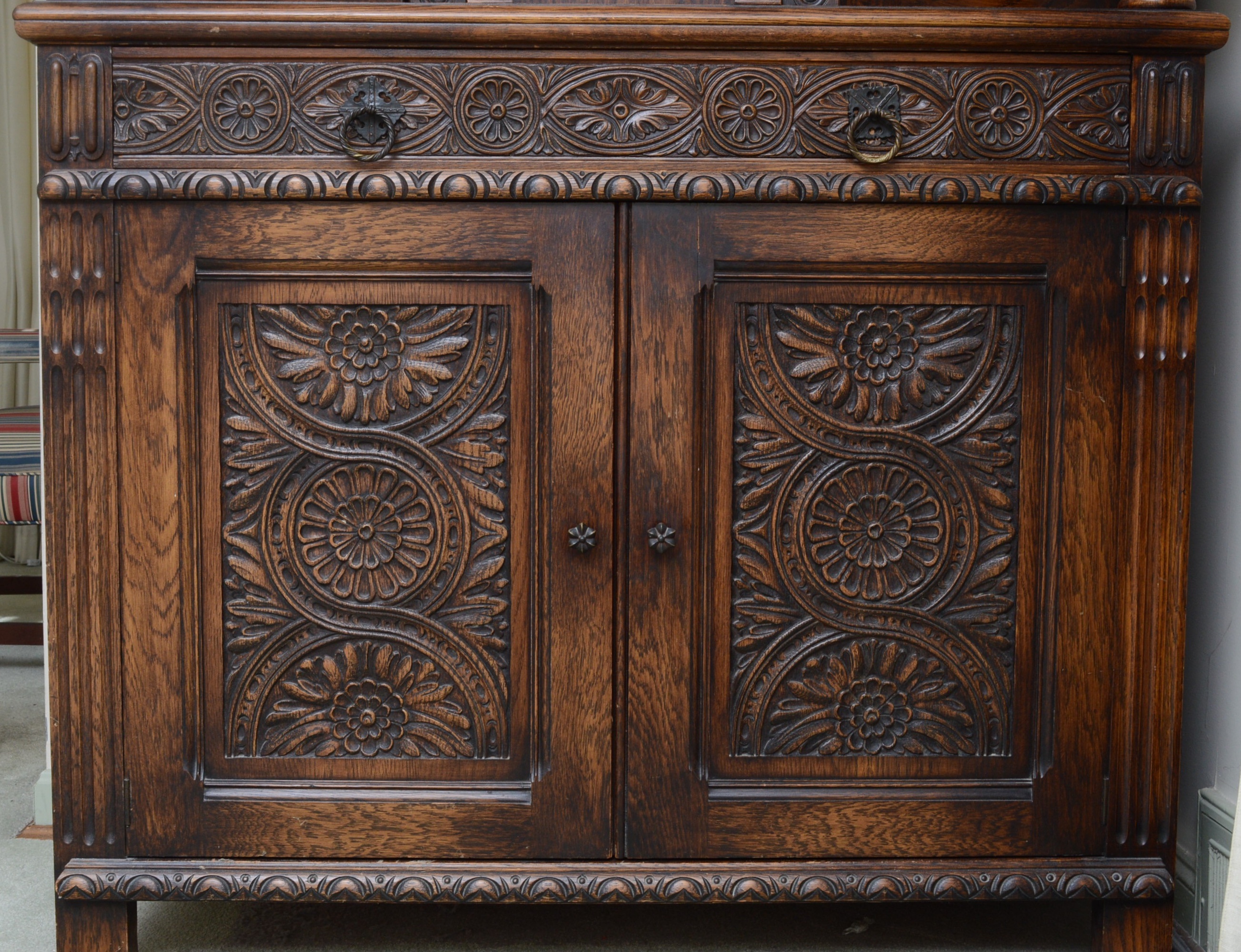 Jacobean Revival Carved Oak Cabinet, 1930s