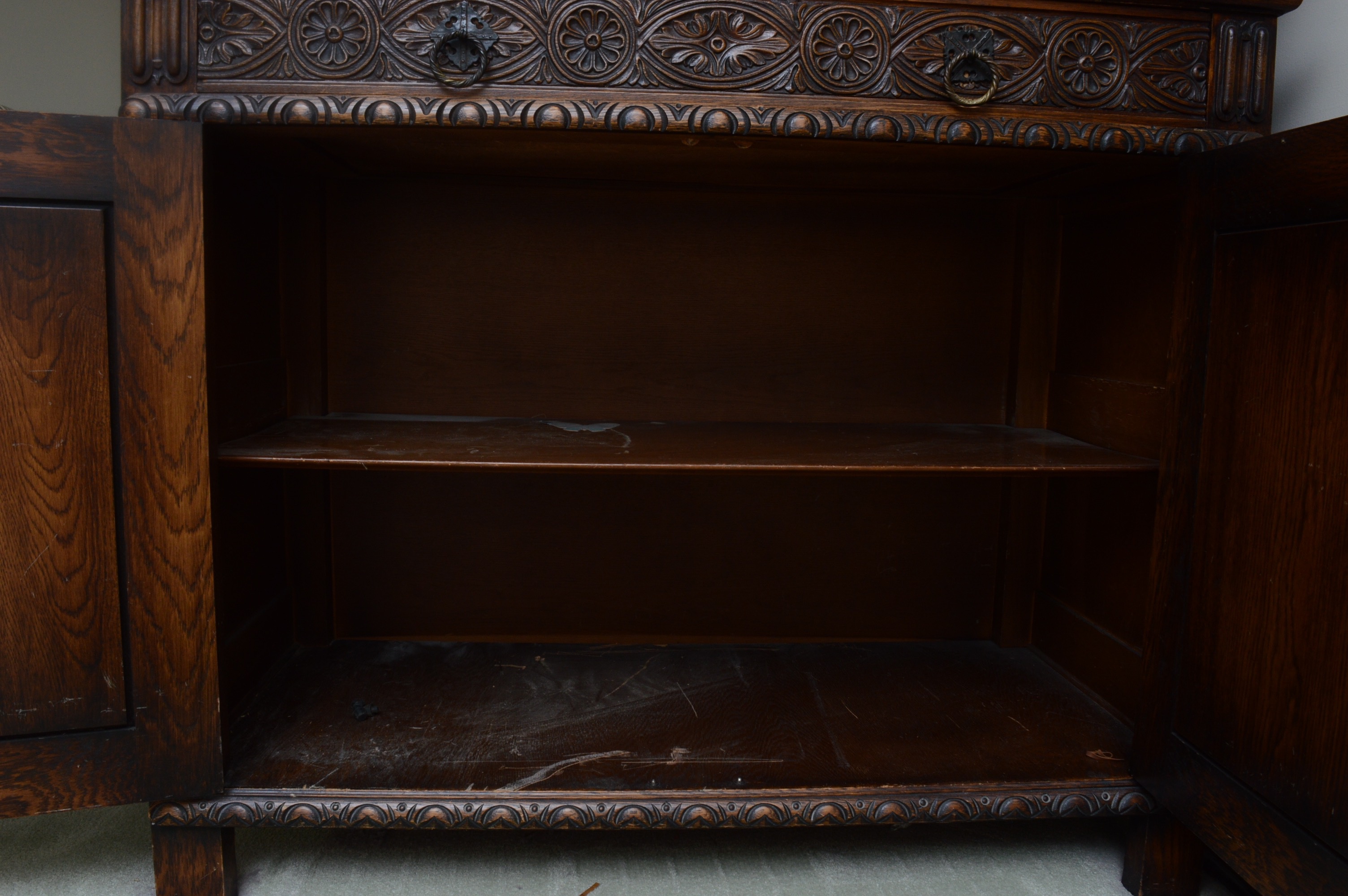 Jacobean Revival Carved Oak Cabinet, 1930s