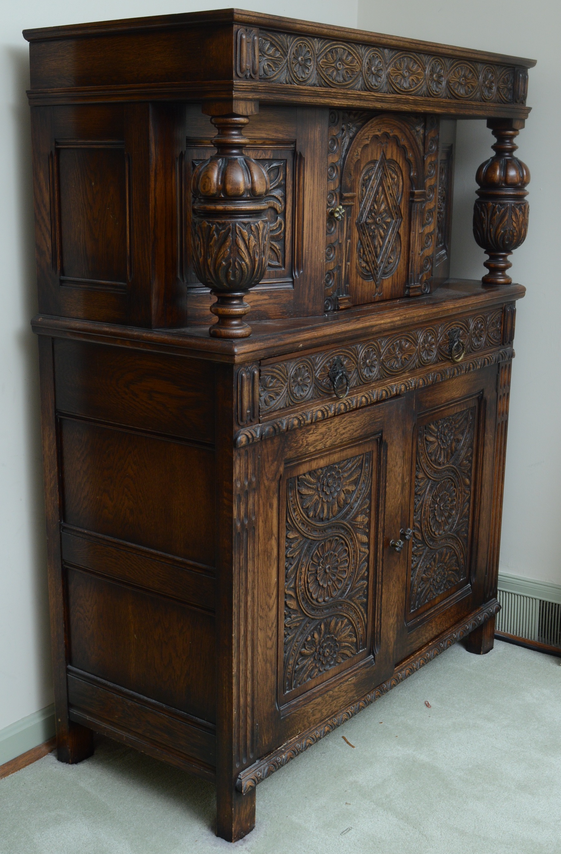 Jacobean Revival Carved Oak Cabinet, 1930s