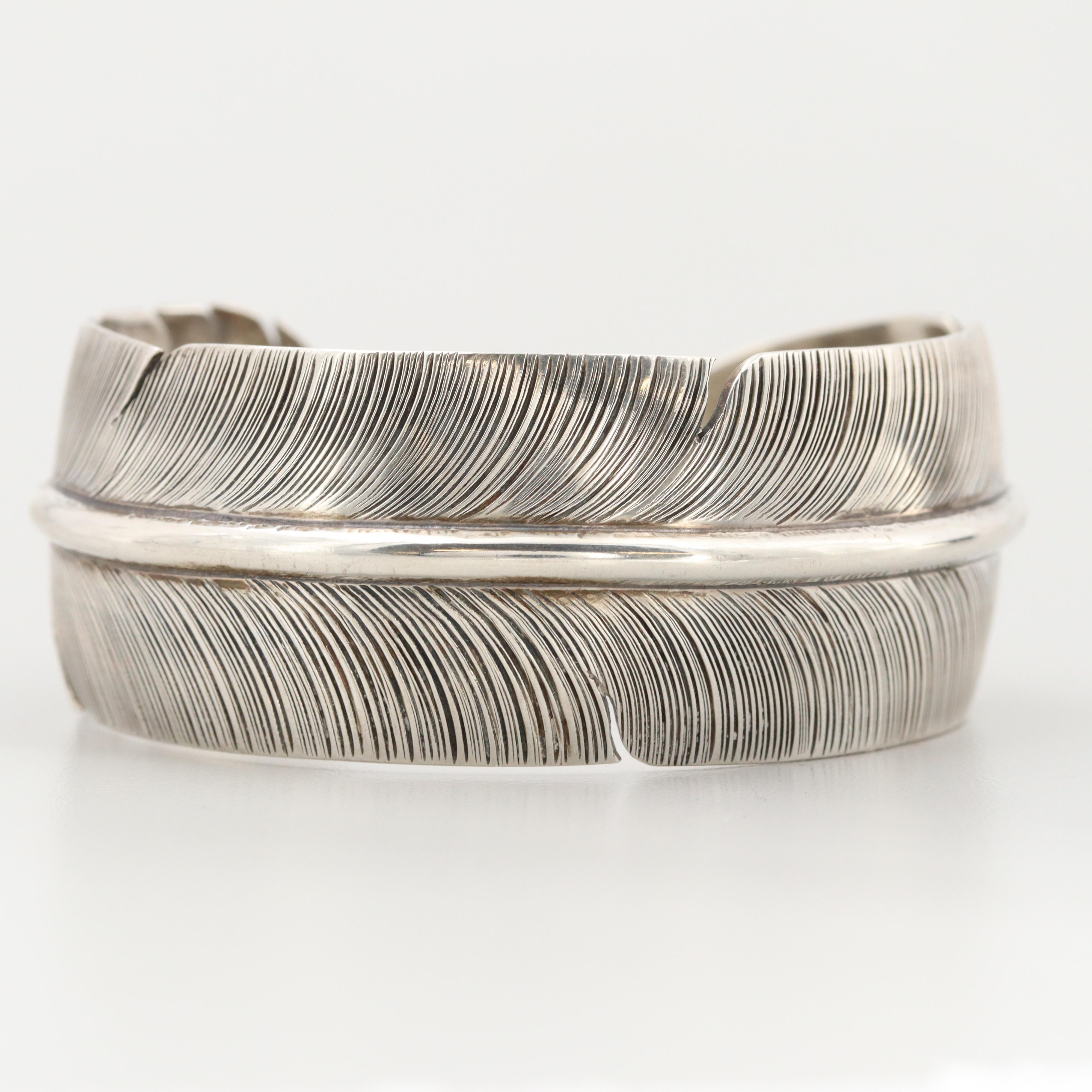 Delbert Vandever Navajo Diné Sterling Silver Feather Cuff Bracelet