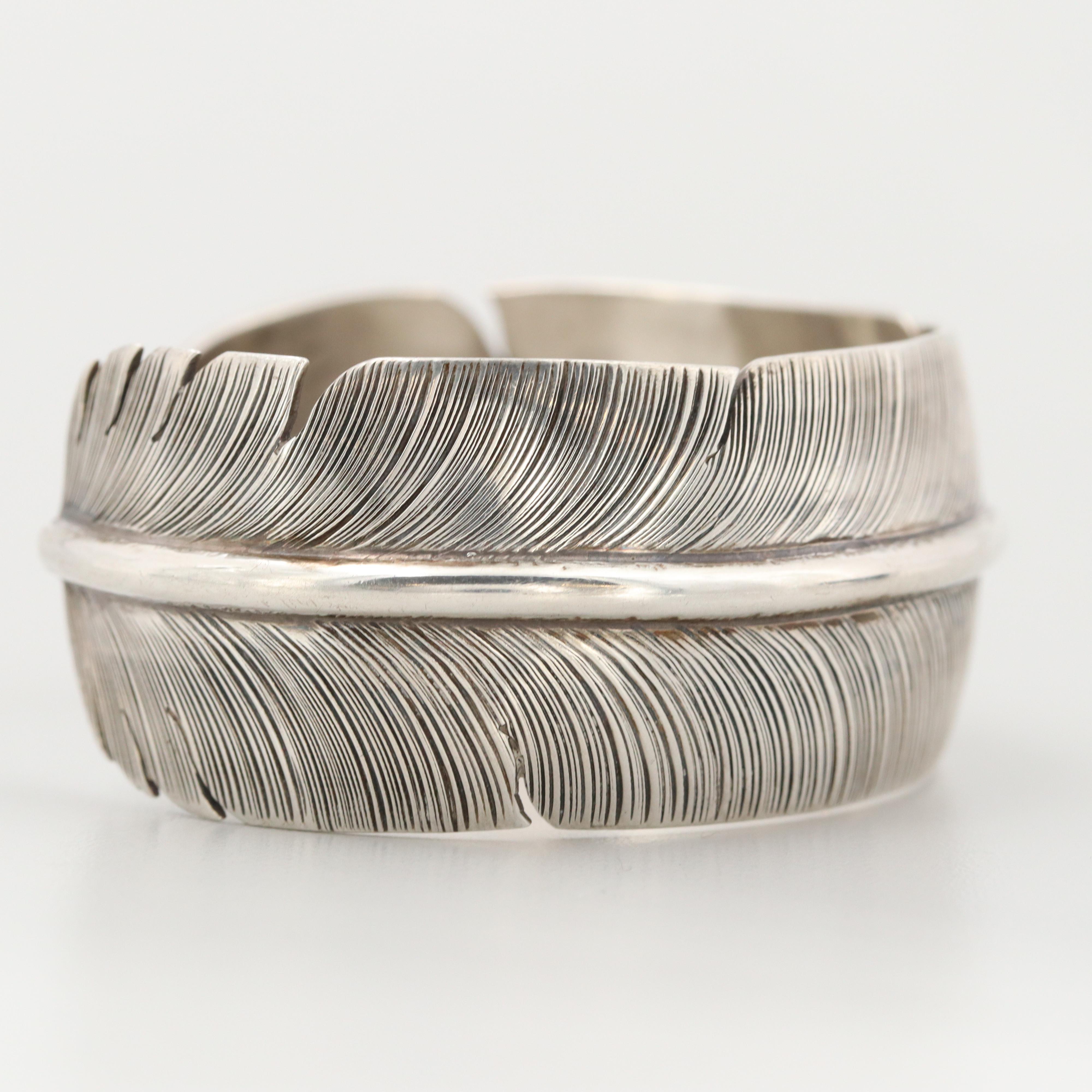 Delbert Vandever Navajo Diné Sterling Silver Feather Cuff Bracelet