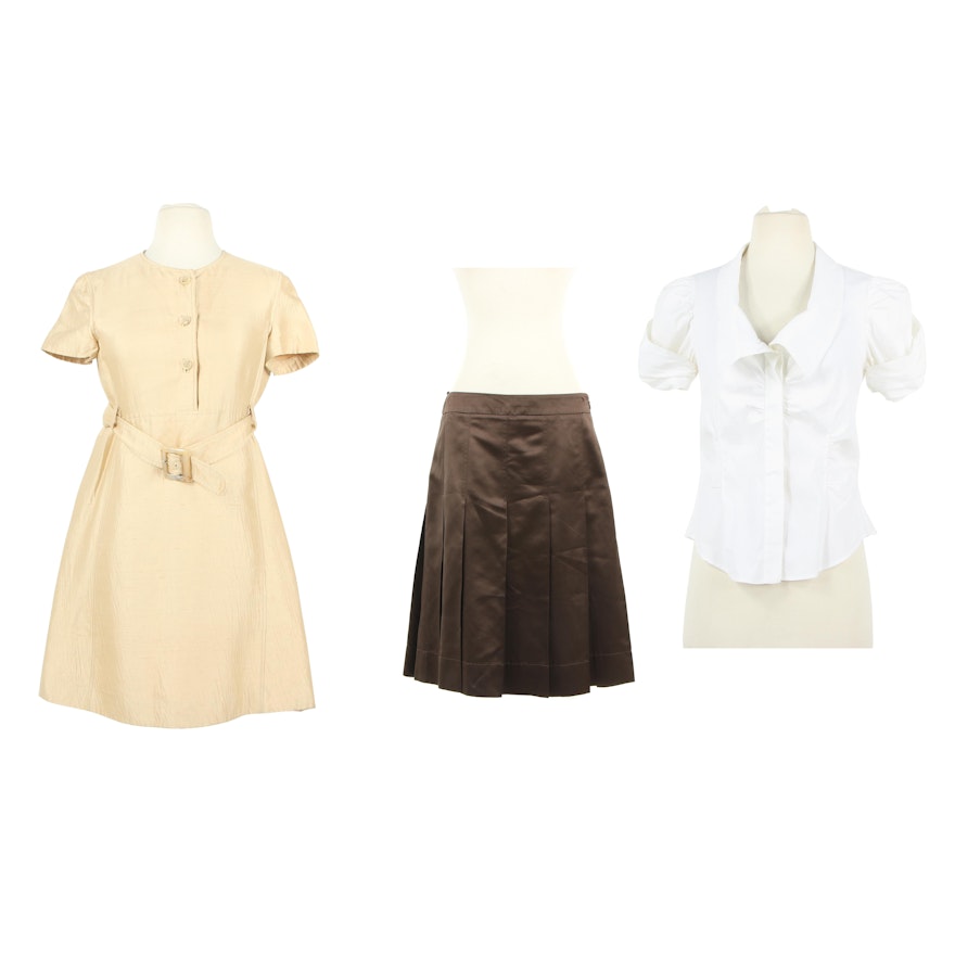 Prada Silk Blend Shirt Dress with Silk Block Pleat Skirt and Ruched Blouse