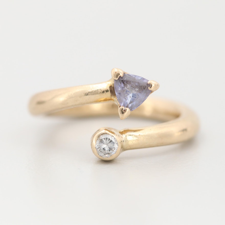 14K Yellow Gold Tanzanite and Diamond Bypass Ring