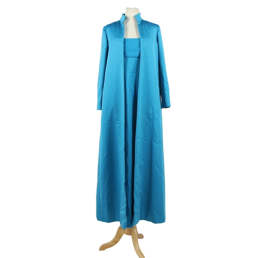 Mollie Parnis New York Blue Silk Sleeveless Evening Gown and Overcoat, 1950s