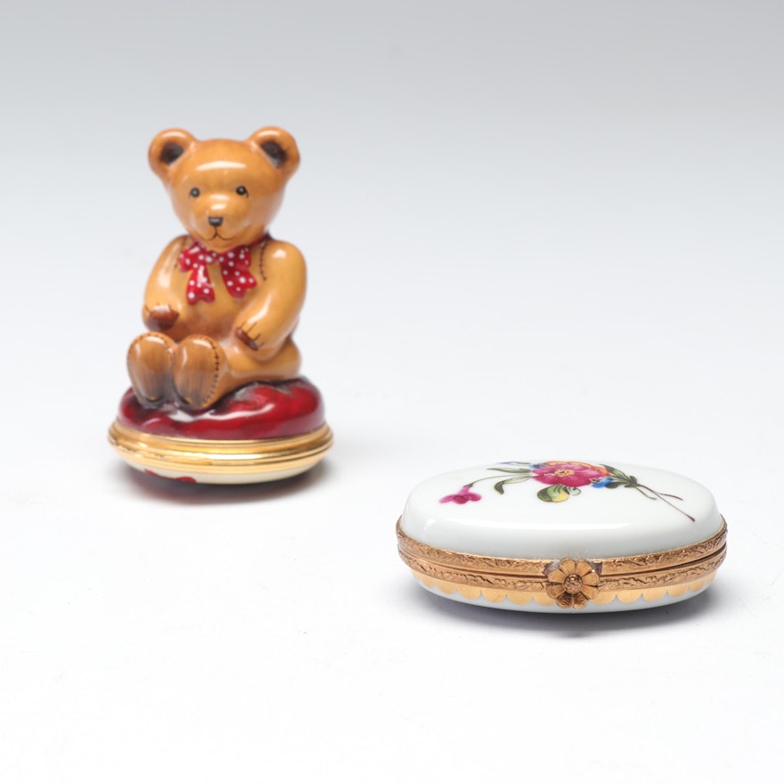 Trinket Boxes Including Halcyon Days and Royale Limoges Porcelain Floral Box