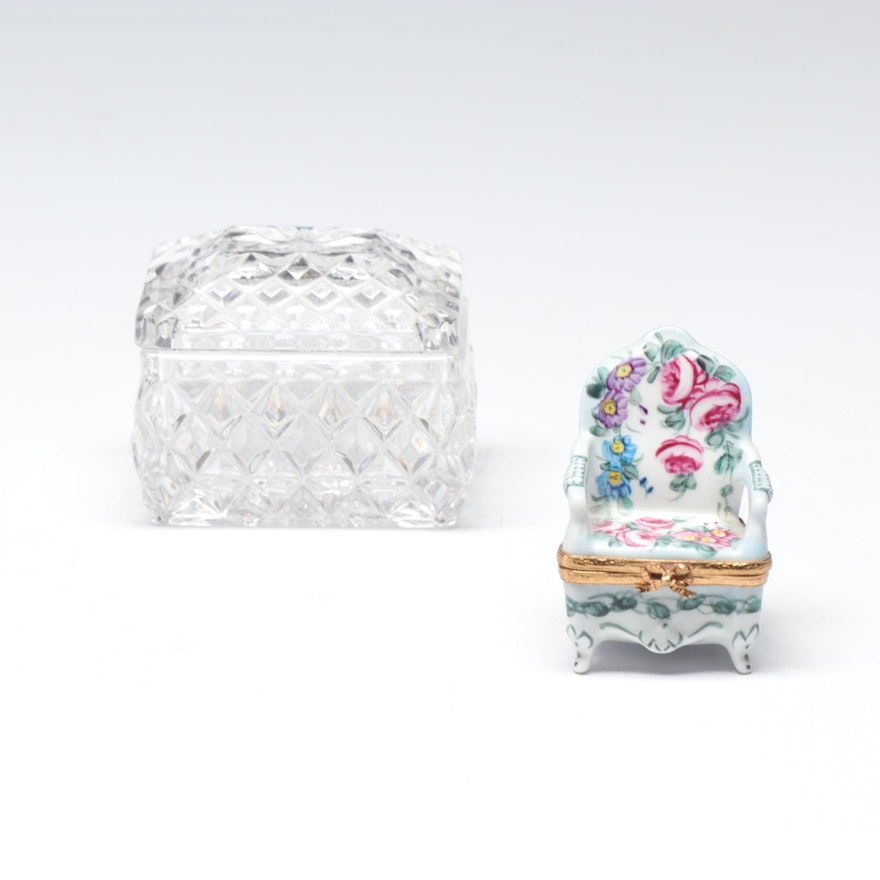 Pressed Glass and Limoges Porcelain Chair Trinket Boxes