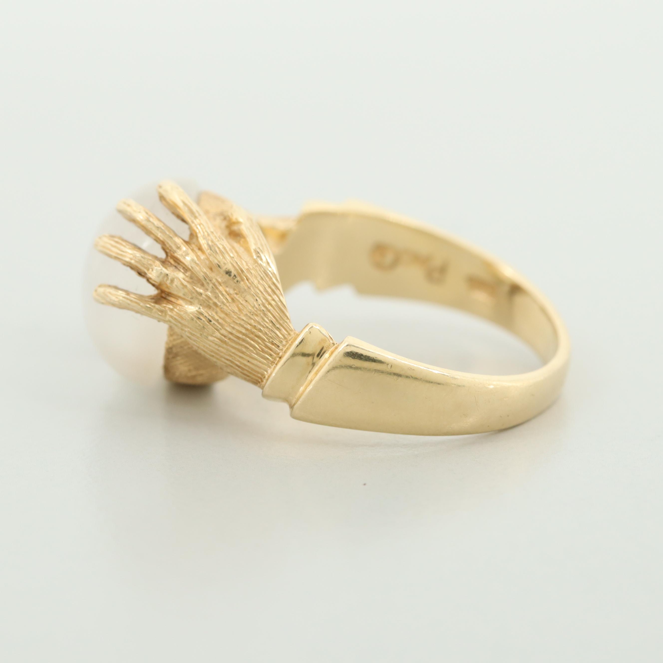 Vintage 14K Gold Cat's Eye Moonstone Fortune Teller's Crystal Ball Motif Ring