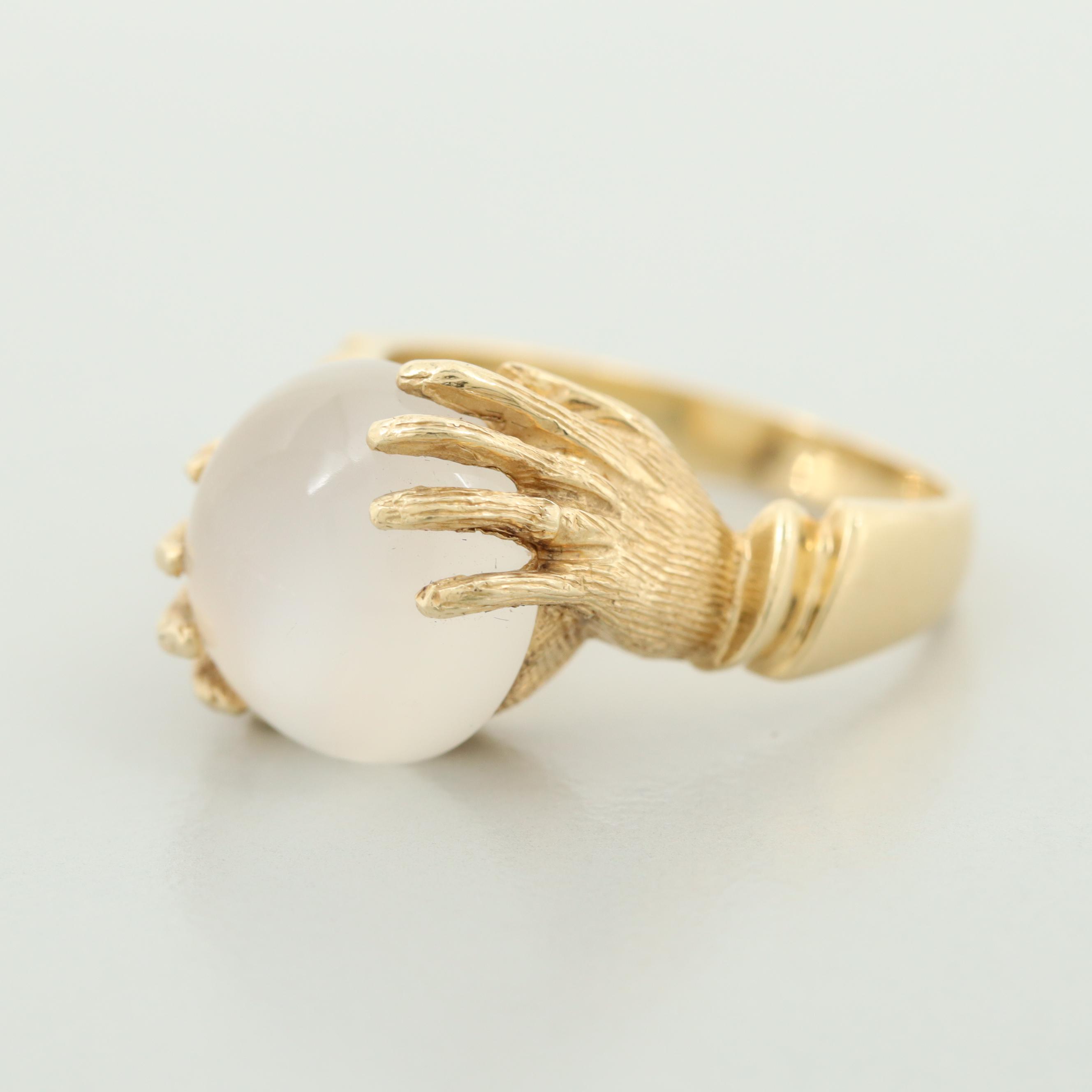 Vintage 14K Gold Cat's Eye Moonstone Fortune Teller's Crystal Ball Motif Ring