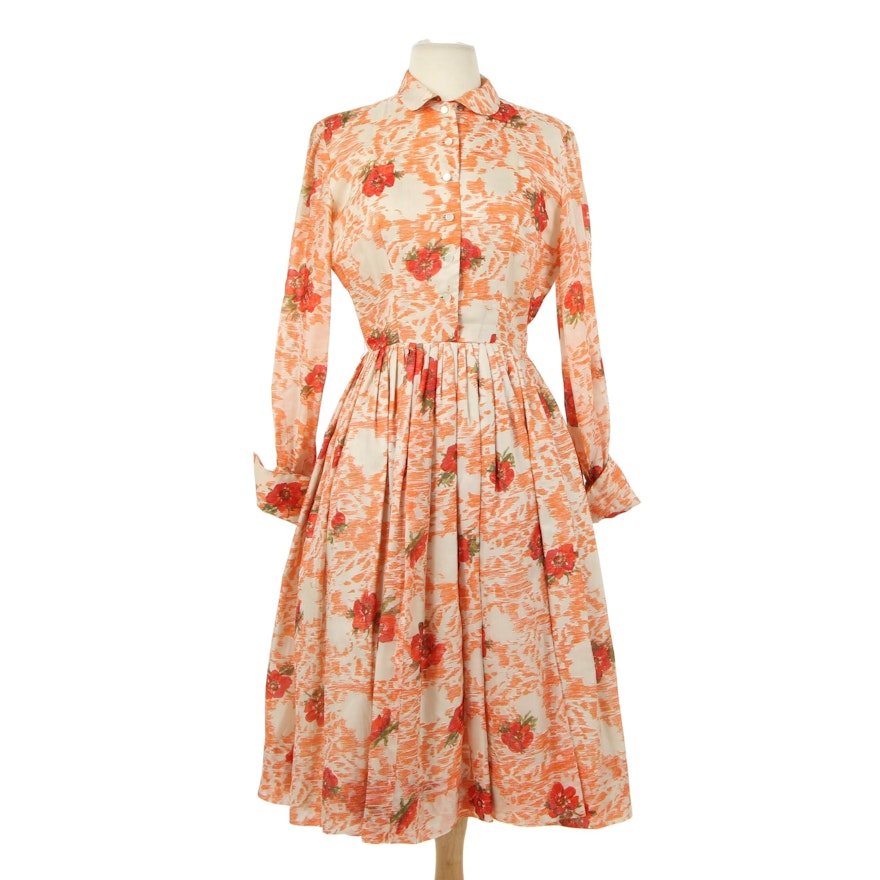 Floral Silk Blend Shirt Dress with Pleated Skirt, 1950s Vintage
