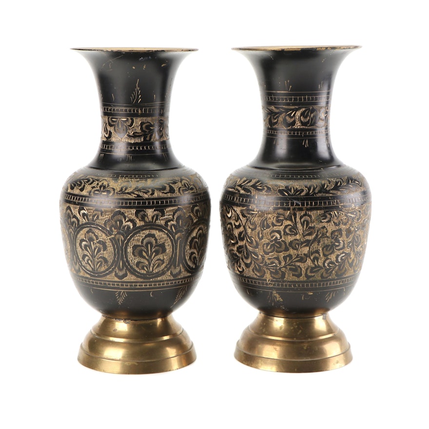 Etched Brass and Black Vases