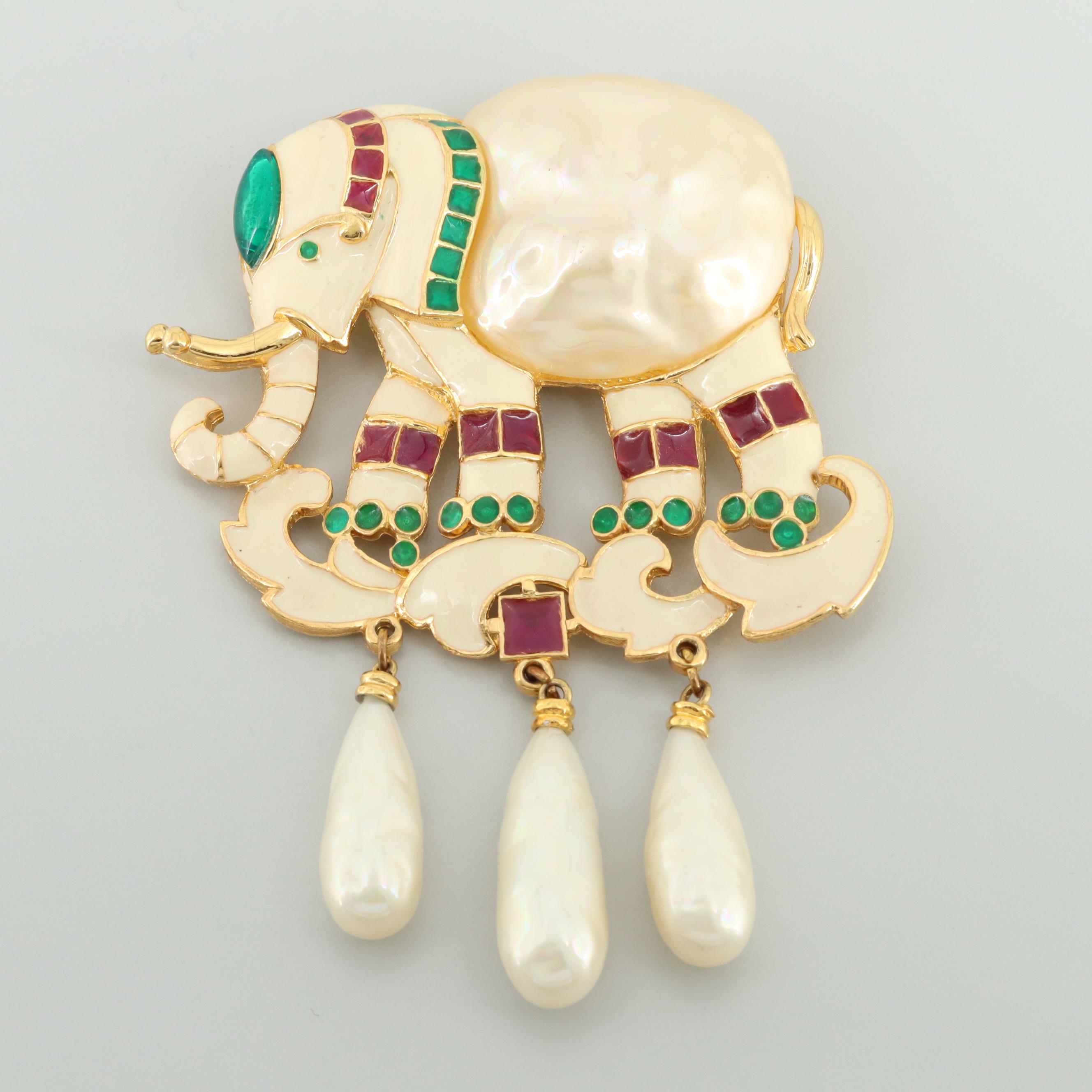 Vintage Hattie Carnegie Imitation Pearl, Rhinestone and Enamel Elephant Brooch