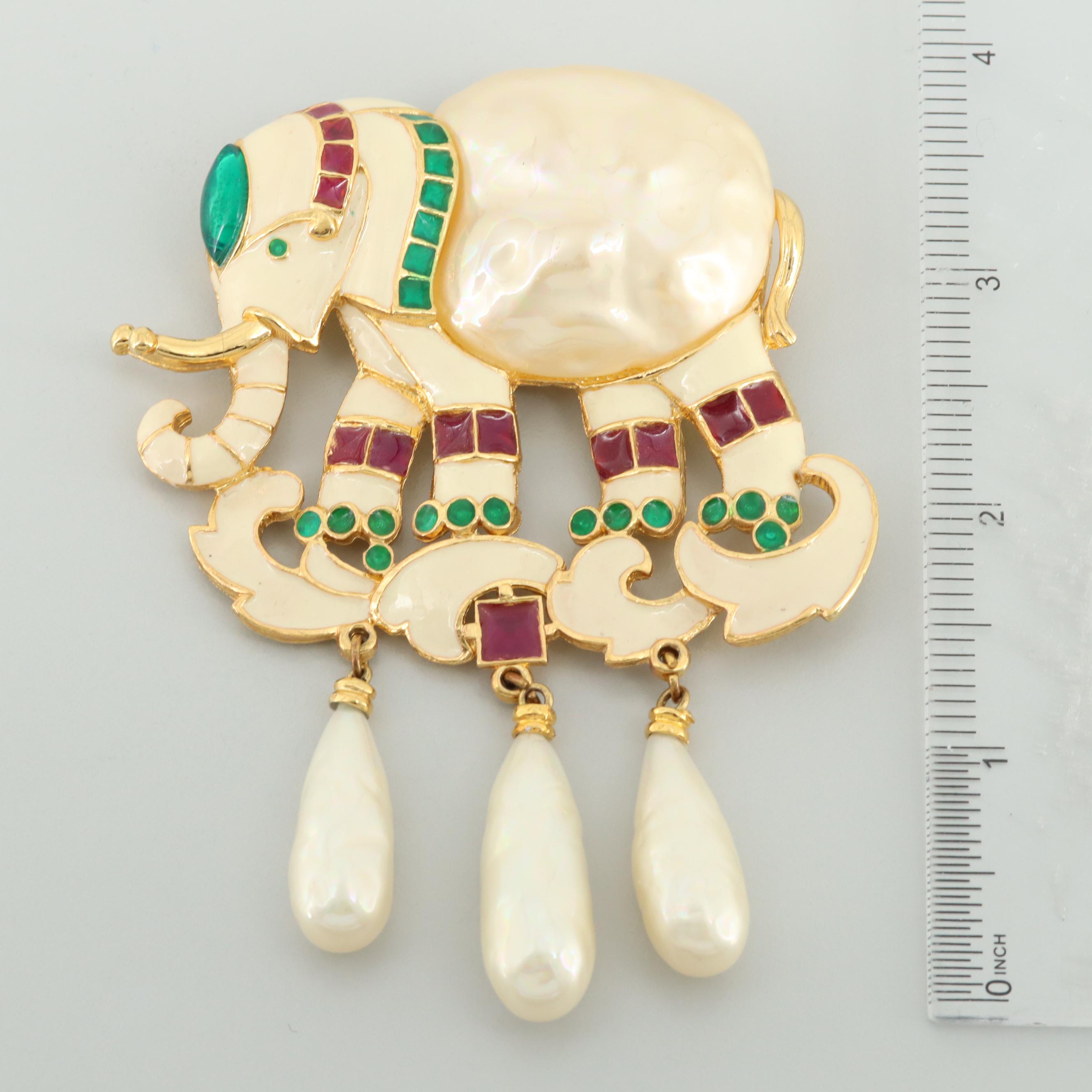 Vintage Hattie Carnegie Imitation Pearl, Rhinestone and Enamel Elephant Brooch