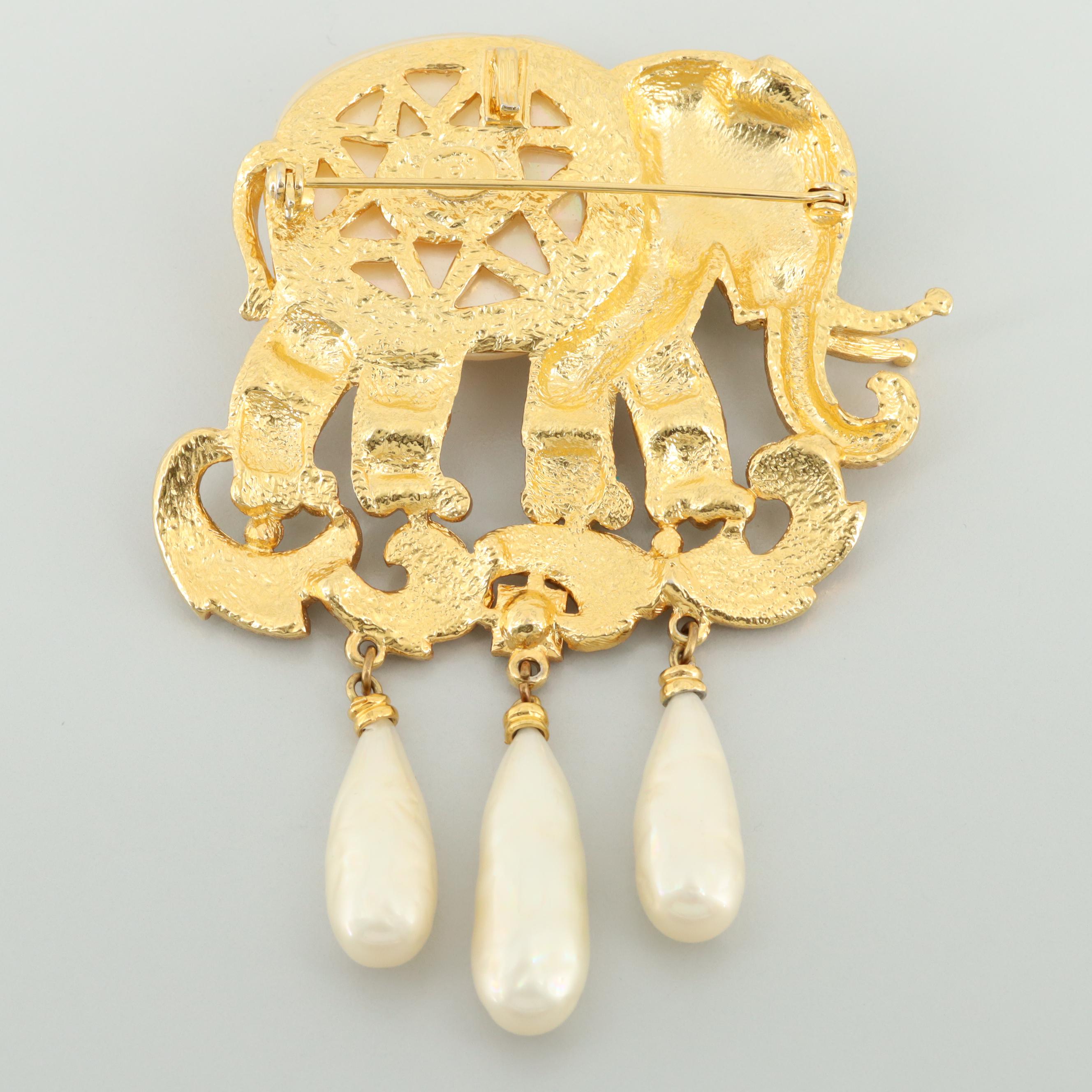 Vintage Hattie Carnegie Imitation Pearl, Rhinestone and Enamel Elephant Brooch