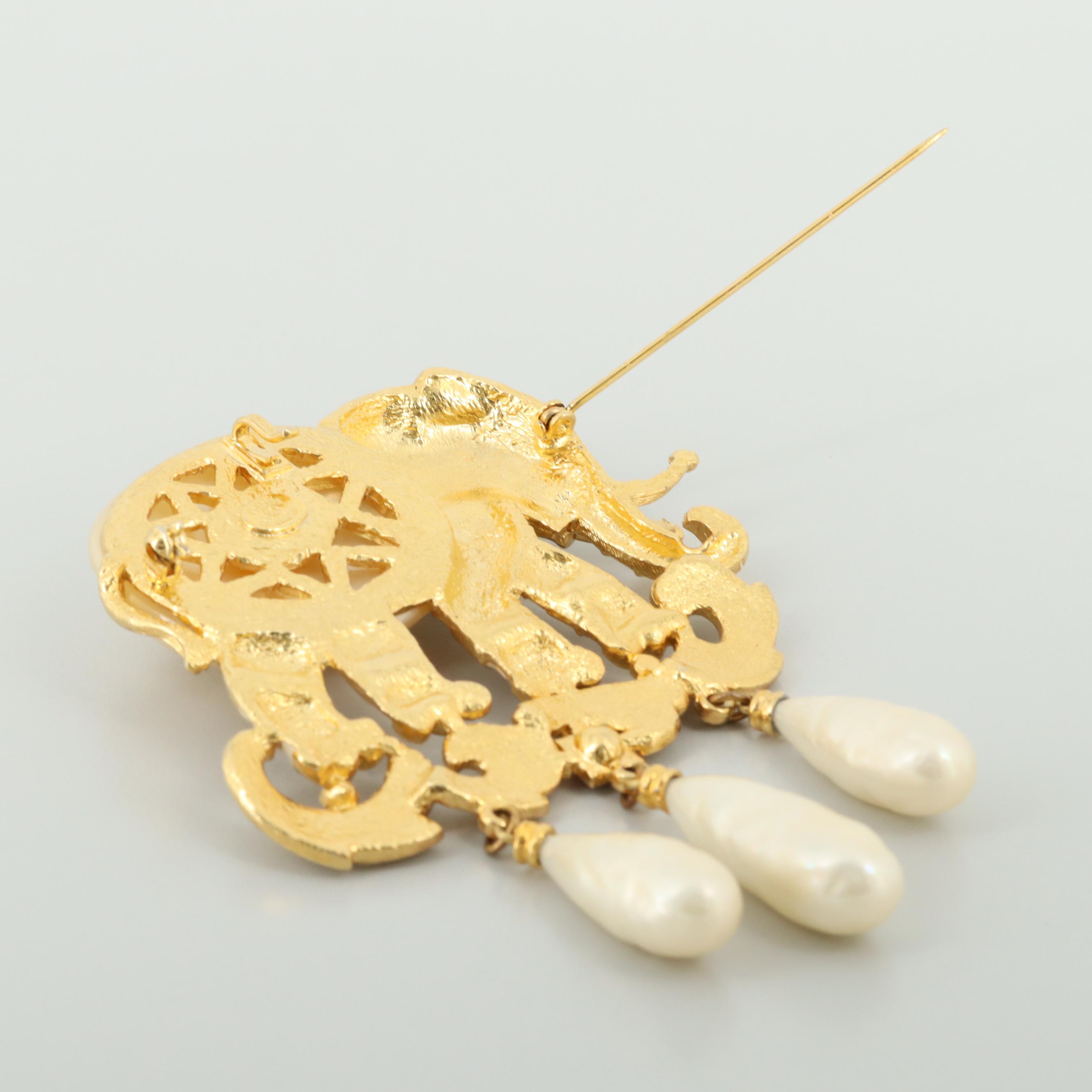 Vintage Hattie Carnegie Imitation Pearl, Rhinestone and Enamel Elephant Brooch