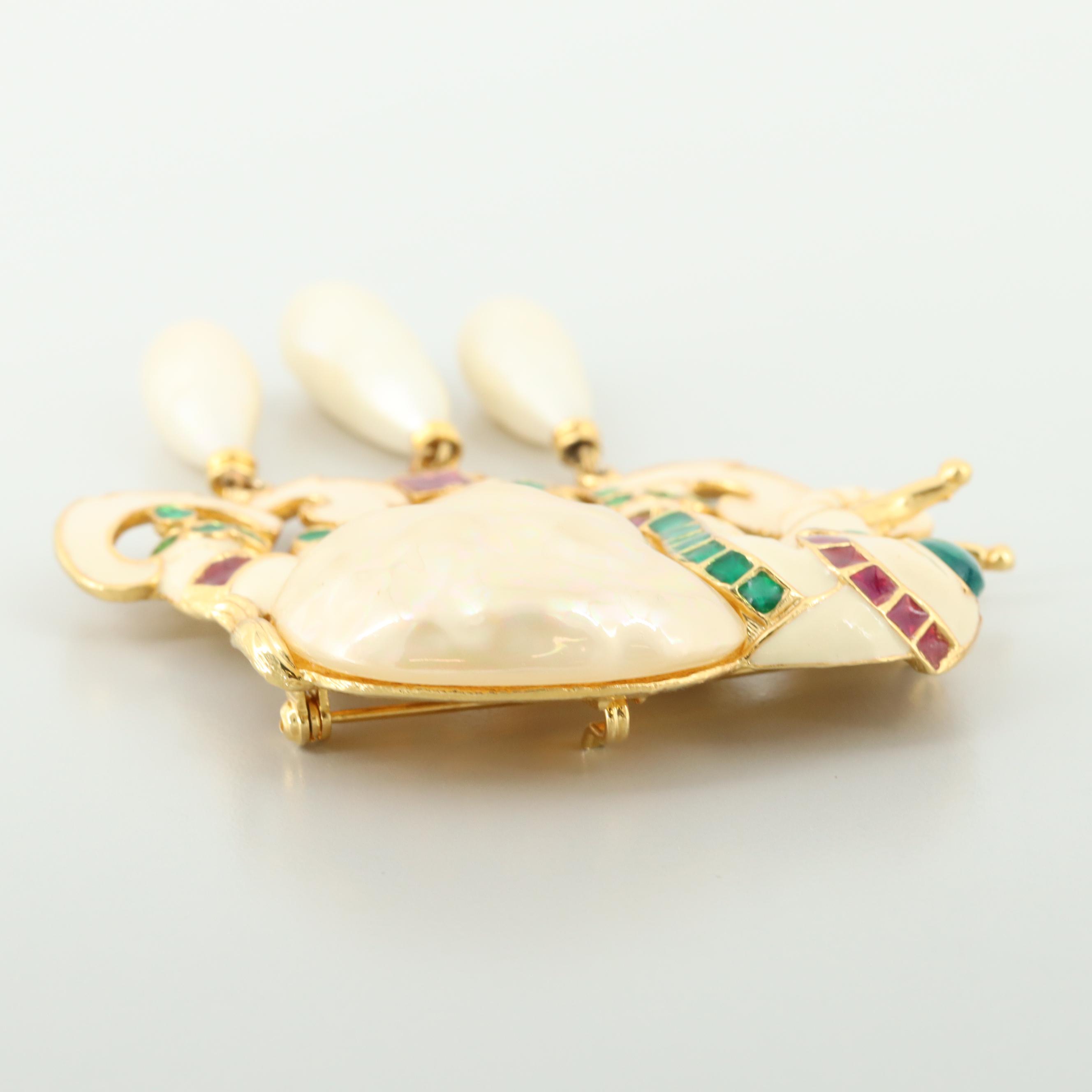 Vintage Hattie Carnegie Imitation Pearl, Rhinestone and Enamel Elephant Brooch