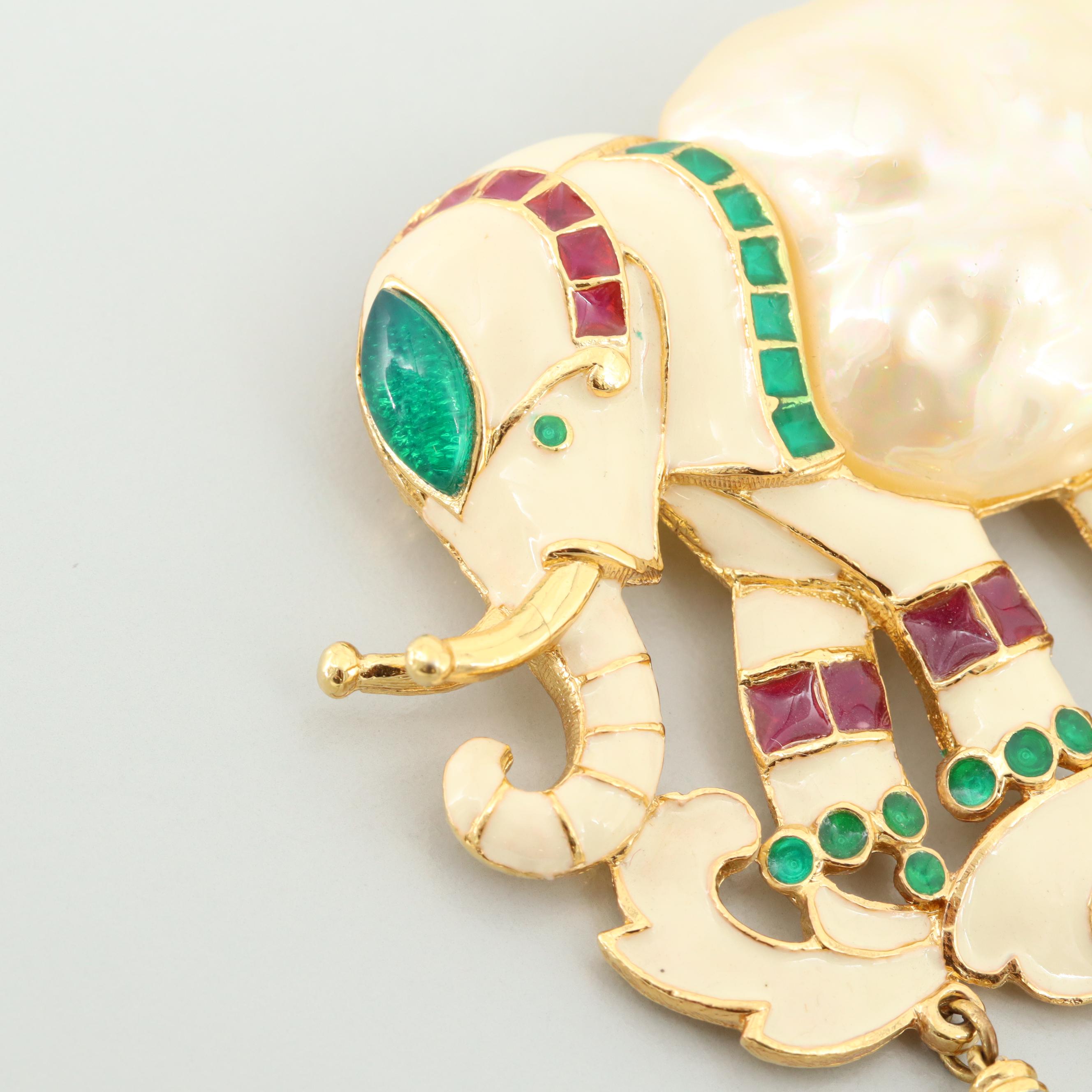 Vintage Hattie Carnegie Imitation Pearl, Rhinestone and Enamel Elephant Brooch