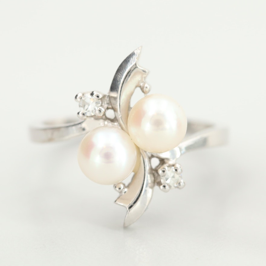 14K White Gold Cultured Pearl Diamond Ring