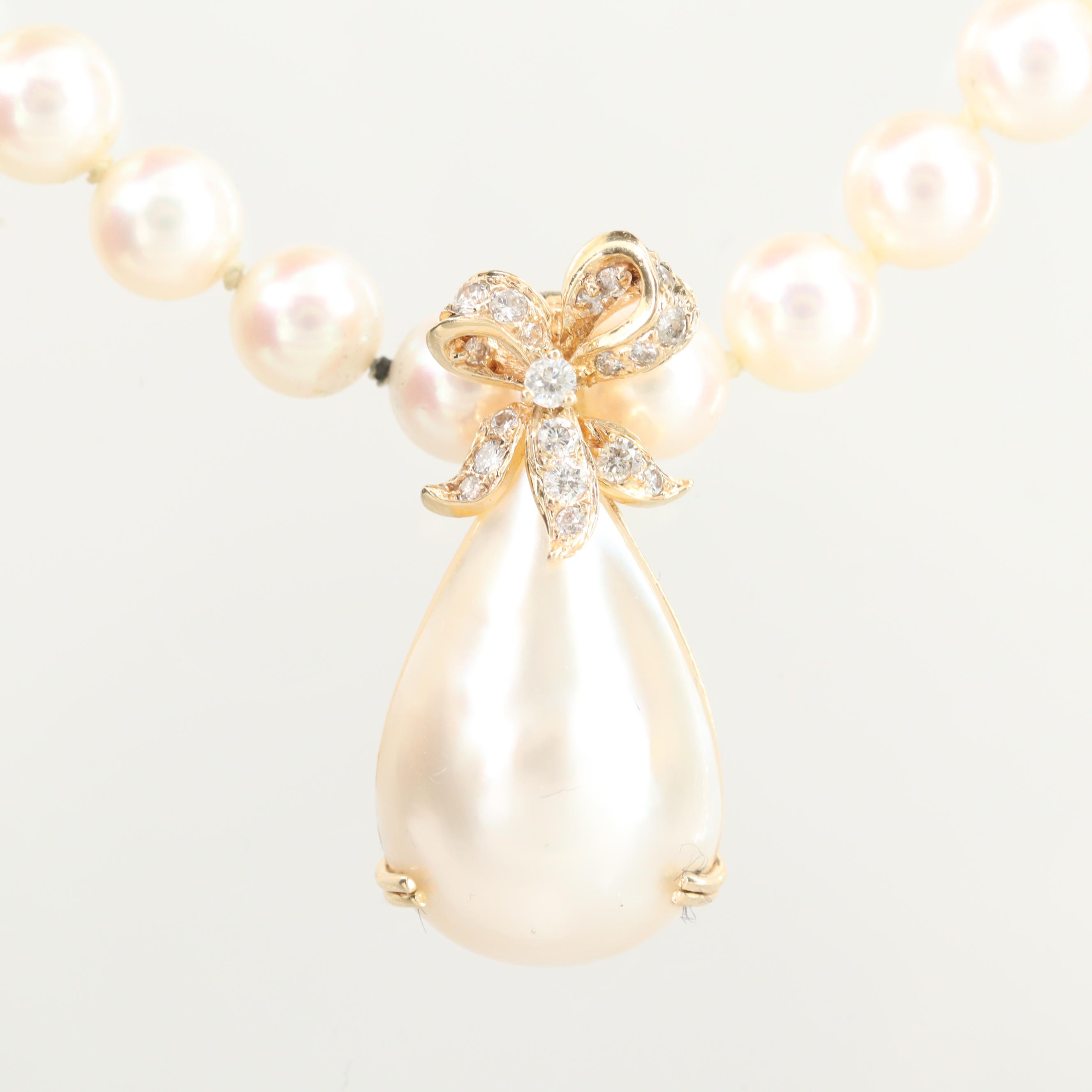 Vintage Mikimoto 14K Gold Cultured Pearl Necklace with Diamond Pearl Enhancer