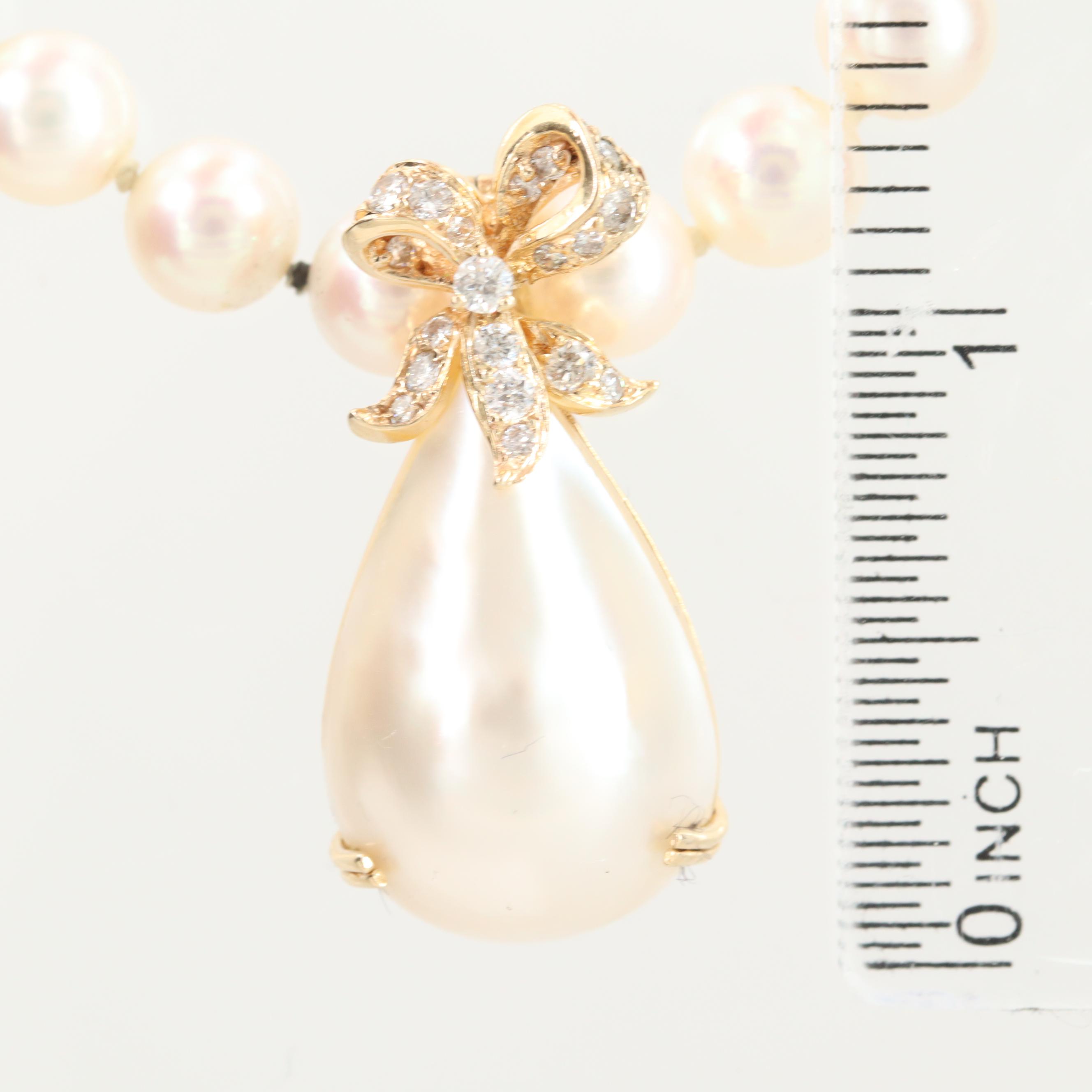 Vintage Mikimoto 14K Gold Cultured Pearl Necklace with Diamond Pearl Enhancer