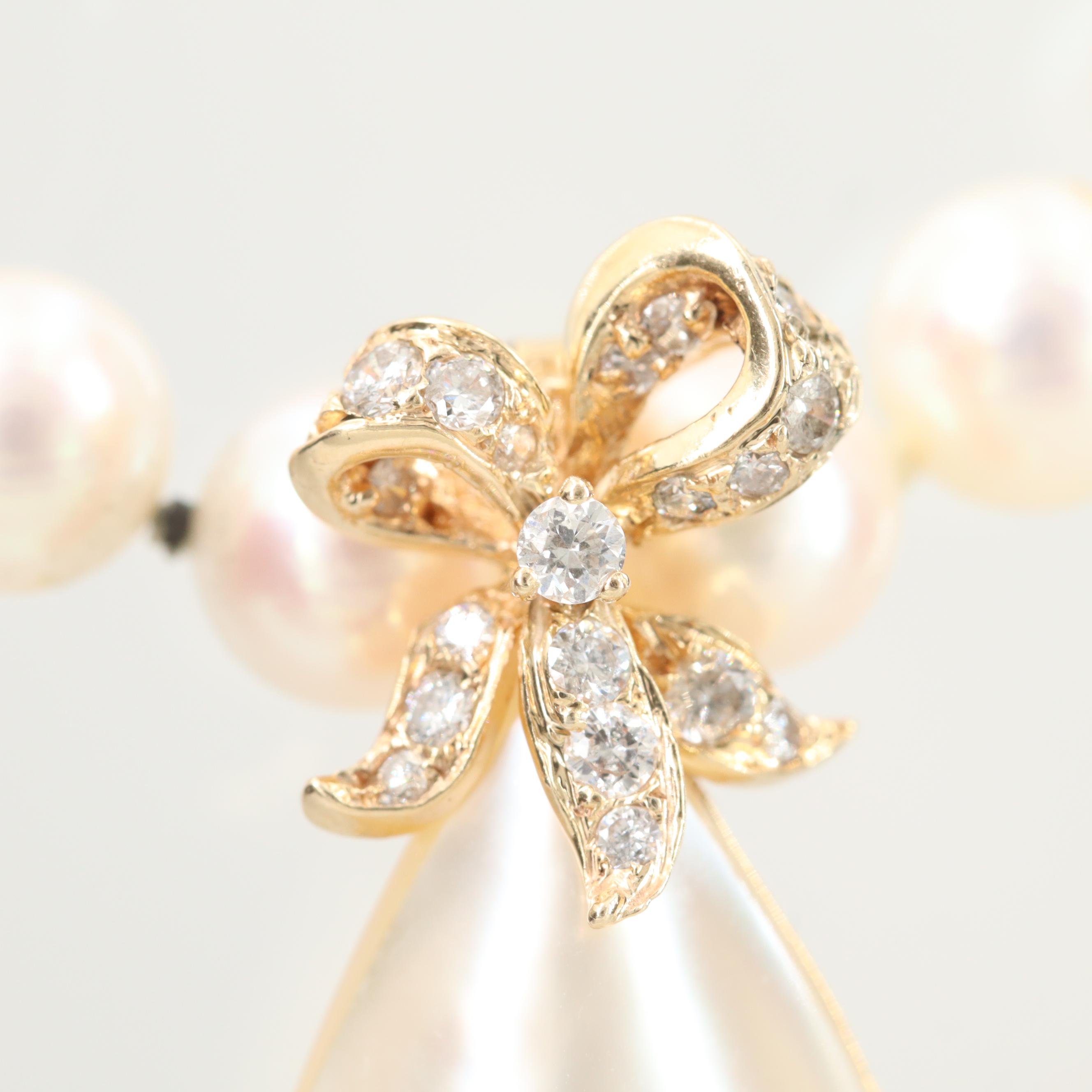 Vintage Mikimoto 14K Gold Cultured Pearl Necklace with Diamond Pearl Enhancer