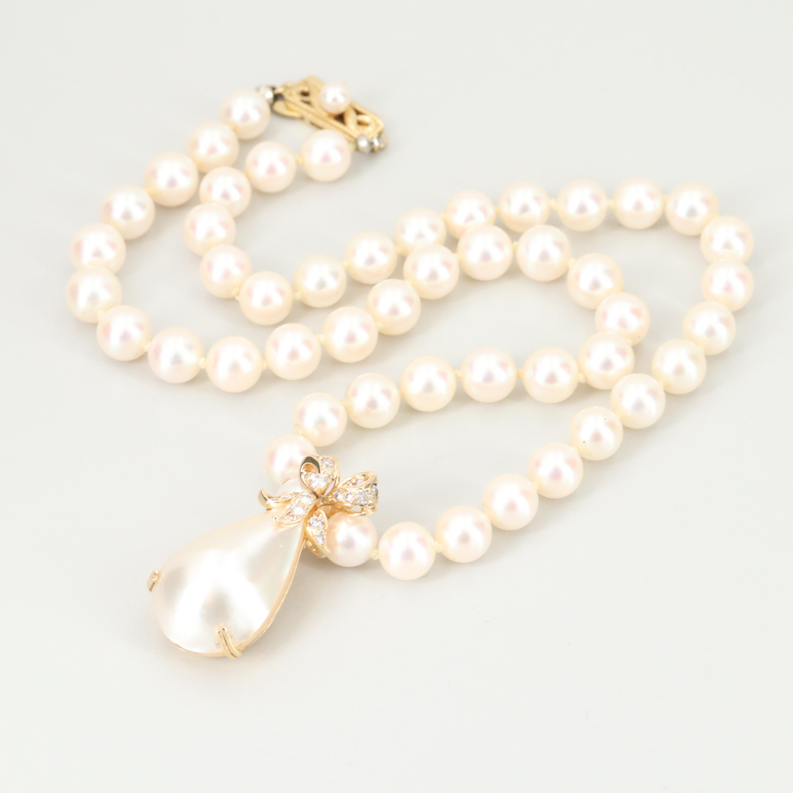 Vintage Mikimoto 14K Gold Cultured Pearl Necklace with Diamond Pearl Enhancer