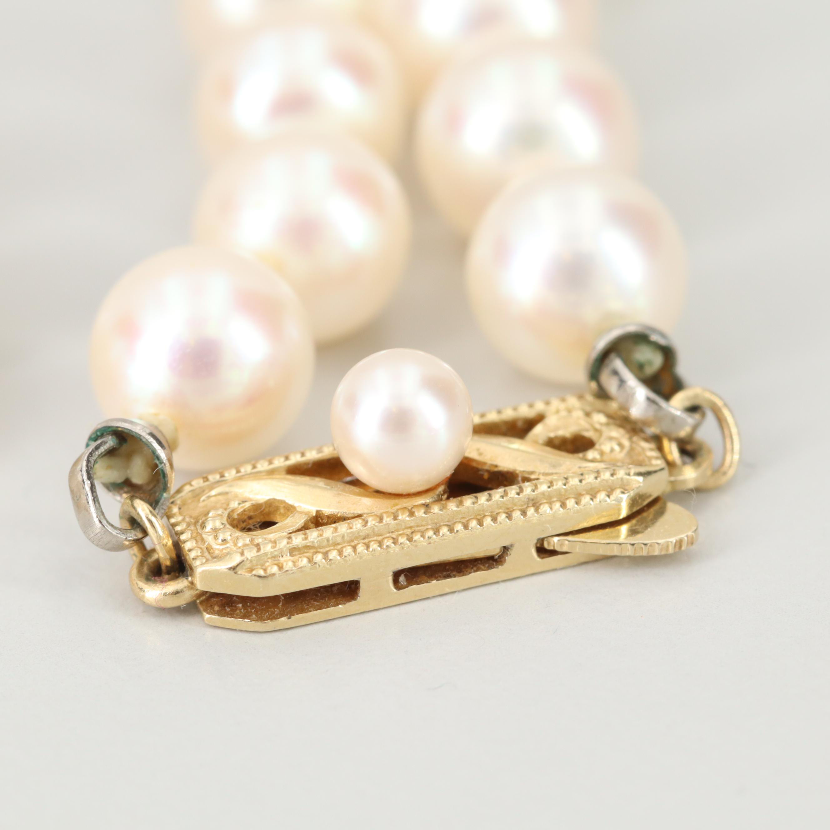 Vintage Mikimoto 14K Gold Cultured Pearl Necklace with Diamond Pearl Enhancer