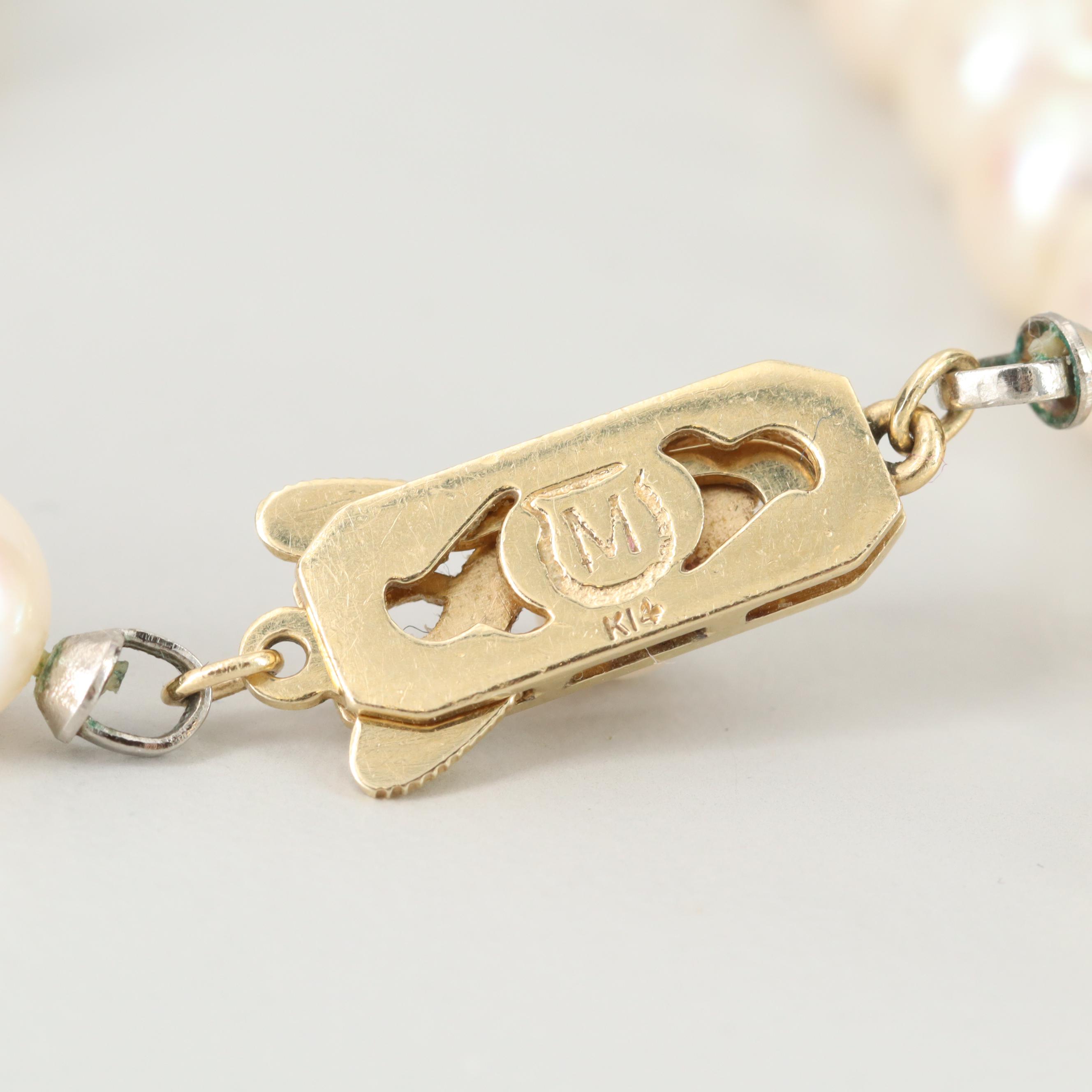 Vintage Mikimoto 14K Gold Cultured Pearl Necklace with Diamond Pearl Enhancer