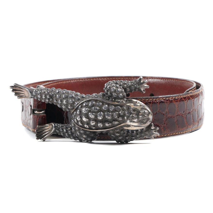 Barry Kieselstein-Cord New York Sterling Silver Frog Buckle Alligator Skin Belt