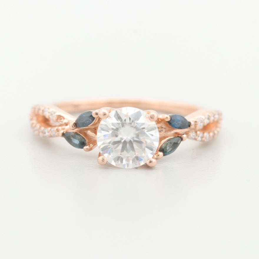 14K Rose Gold Moissanite, Sapphire, and Diamond Ring