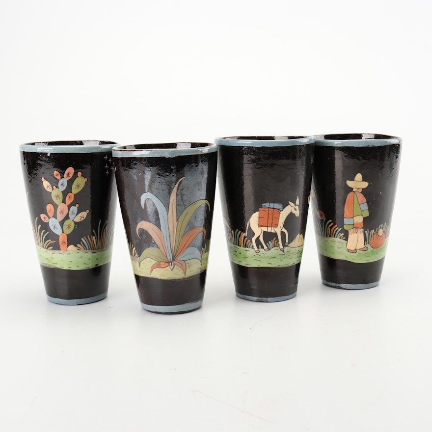 Hand-Painted Mexican Earthenware Tumblers, Early to Mid 20th Century