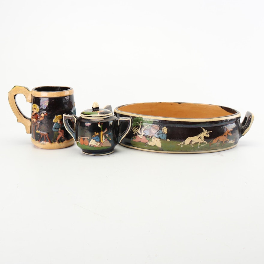 Hand-Painted Mexican Tableware and Casserole, Early to Mid 20th Century