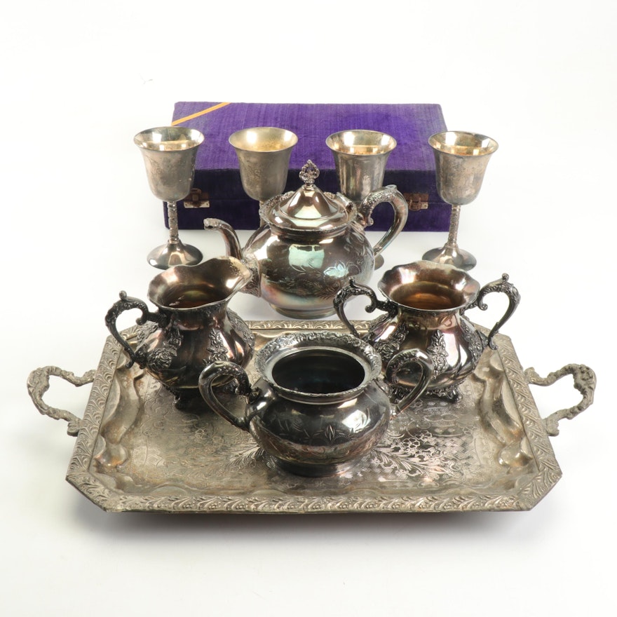 Silver Plate Tea Service and Goblets