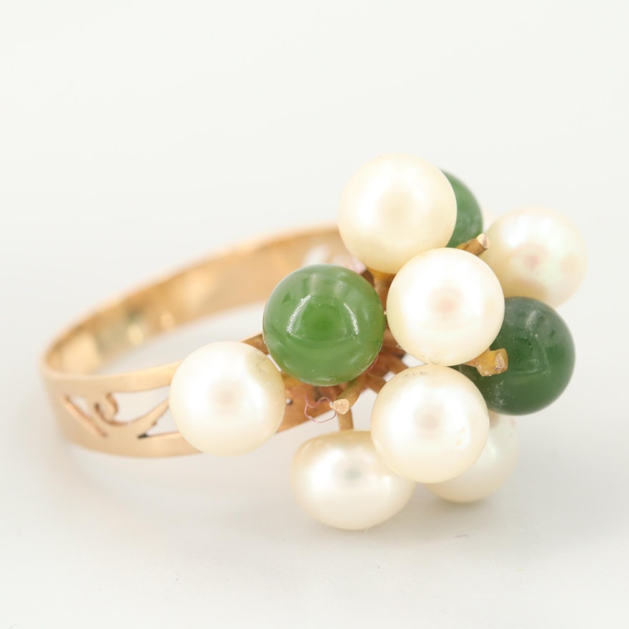 14K Yellow Gold Nephrite and Cultured Pearl Cluster Ring