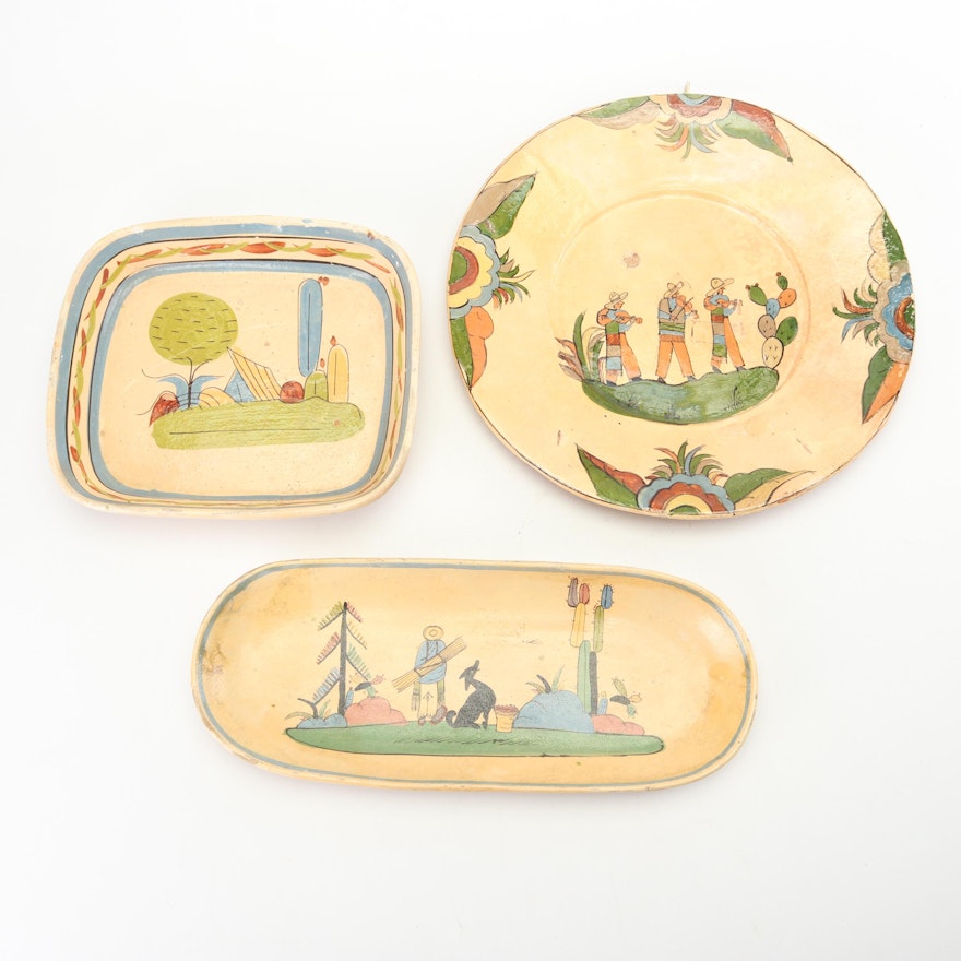 Hand-Painted Mexican Earthenware Charger and Serving Trays, Early to Mid 20th C.