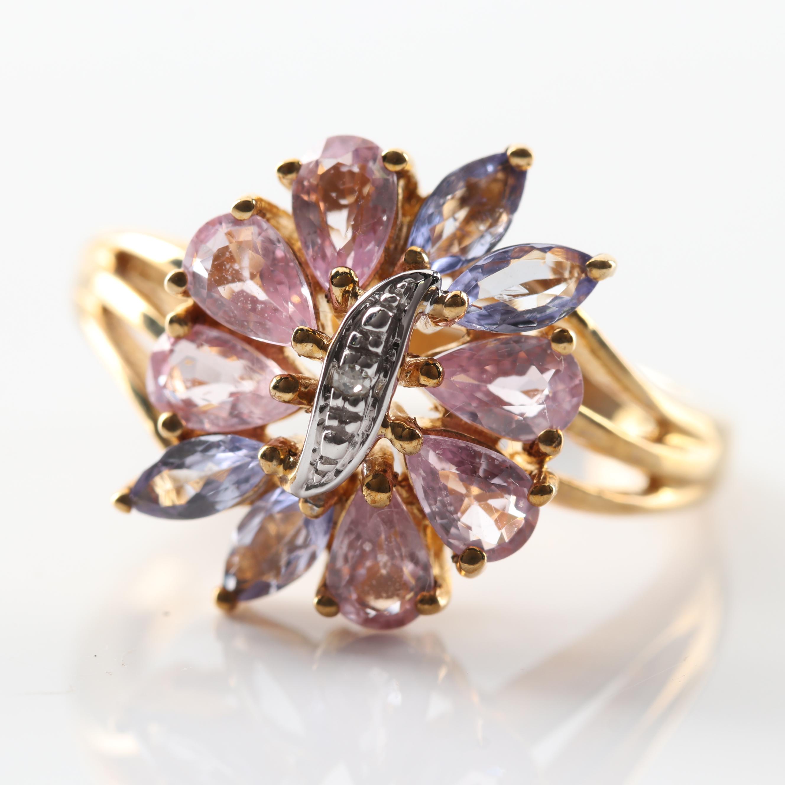 10K Yellow Gold Pink Sapphire, Tanzanite and Diamond Ring