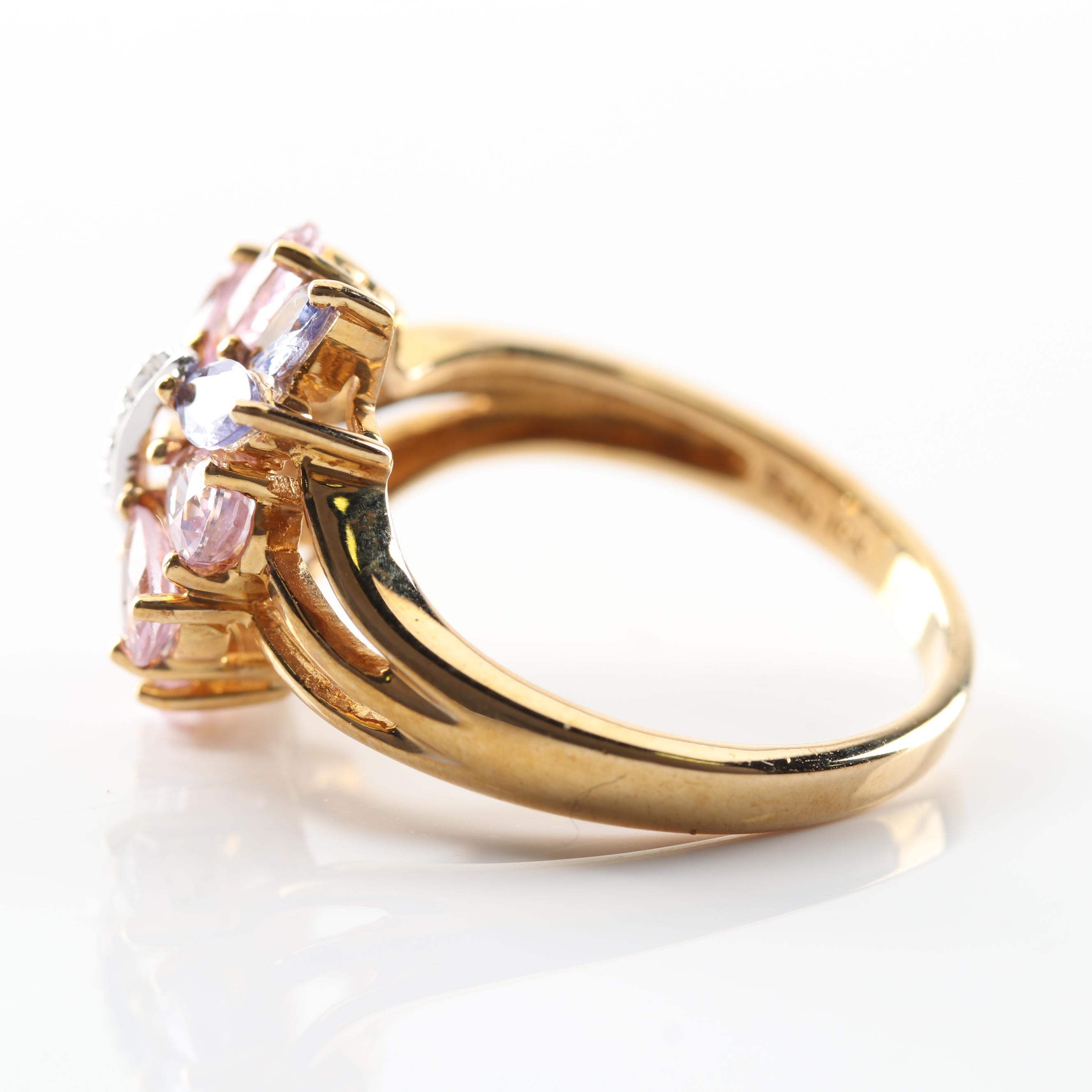 10K Yellow Gold Pink Sapphire, Tanzanite and Diamond Ring