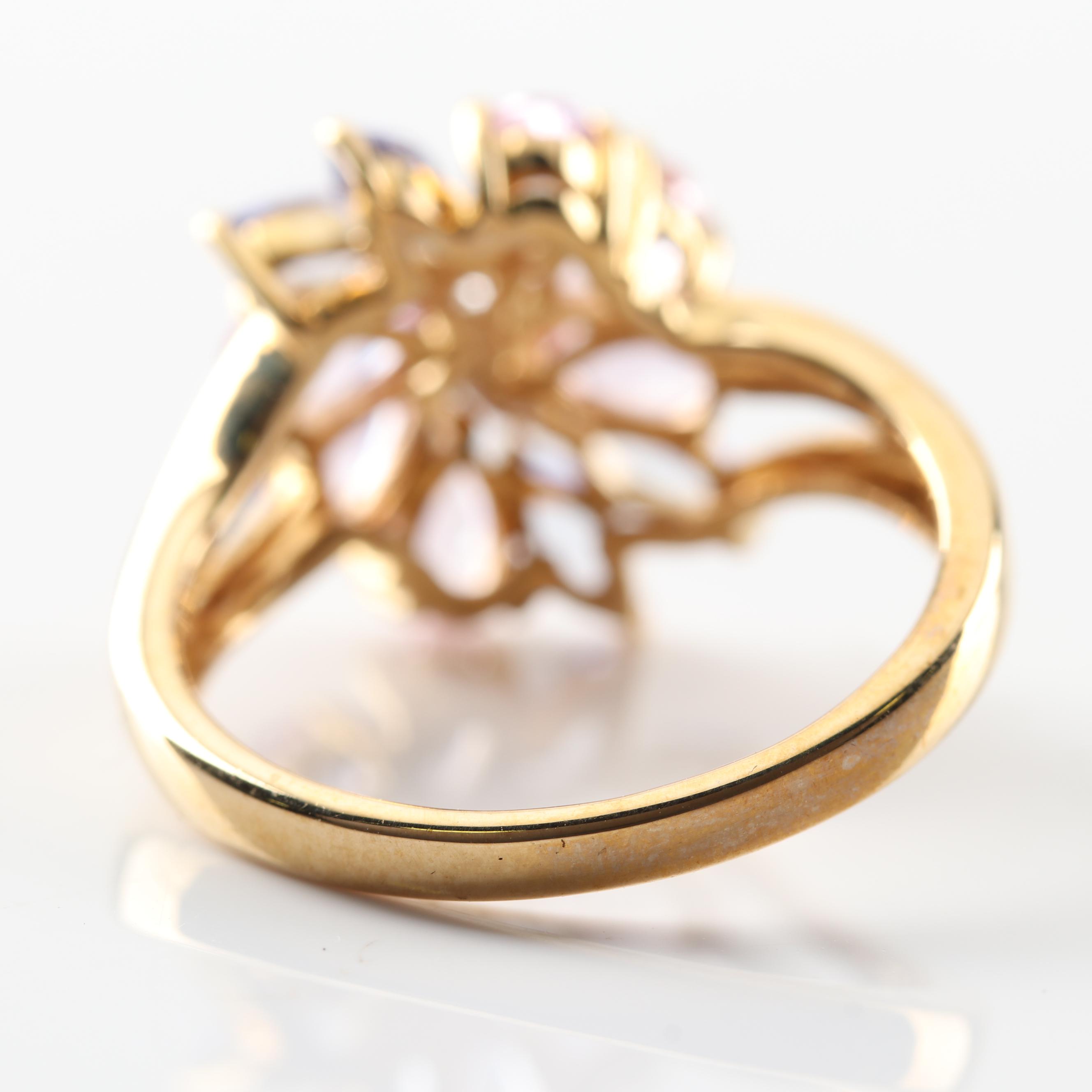 10K Yellow Gold Pink Sapphire, Tanzanite and Diamond Ring