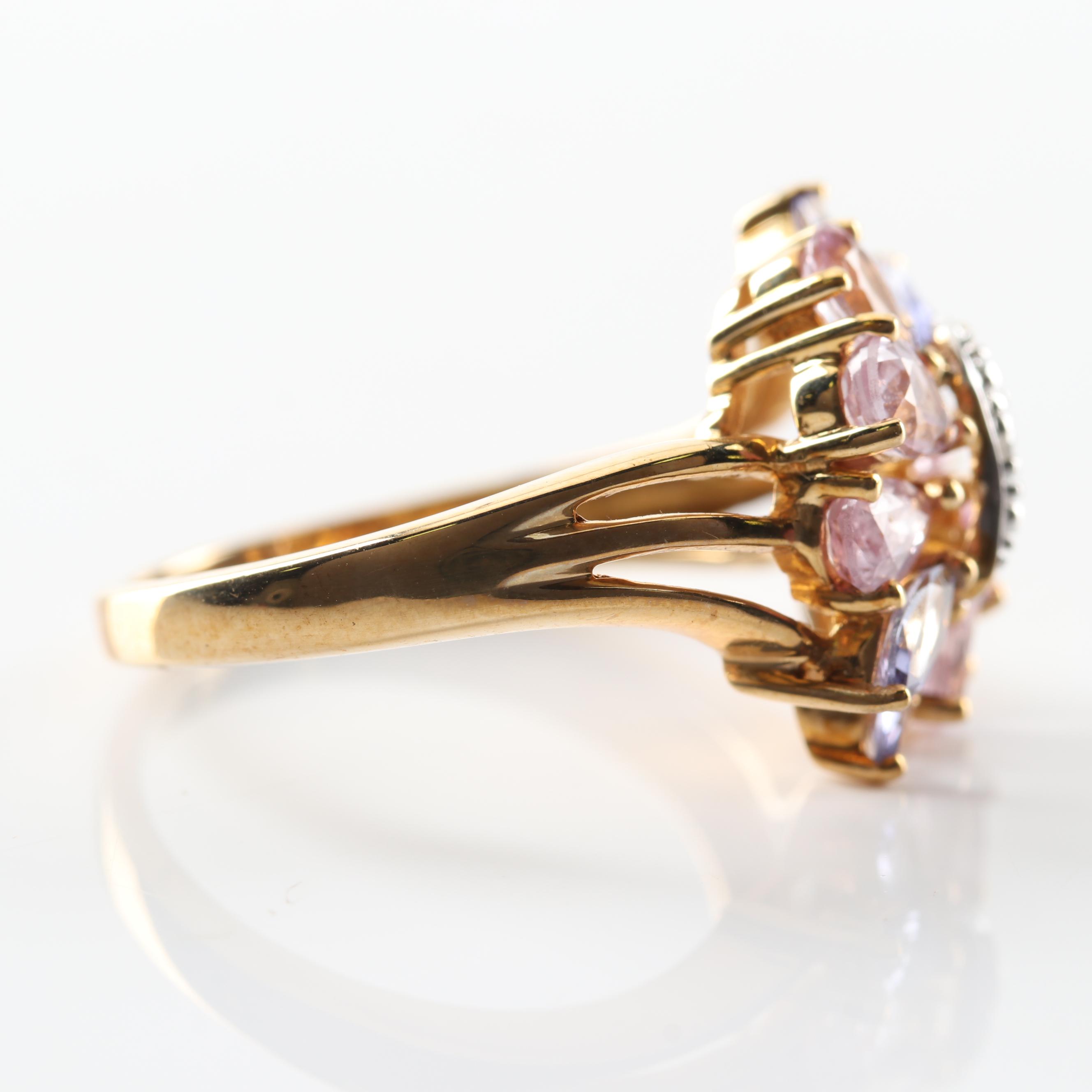 10K Yellow Gold Pink Sapphire, Tanzanite and Diamond Ring