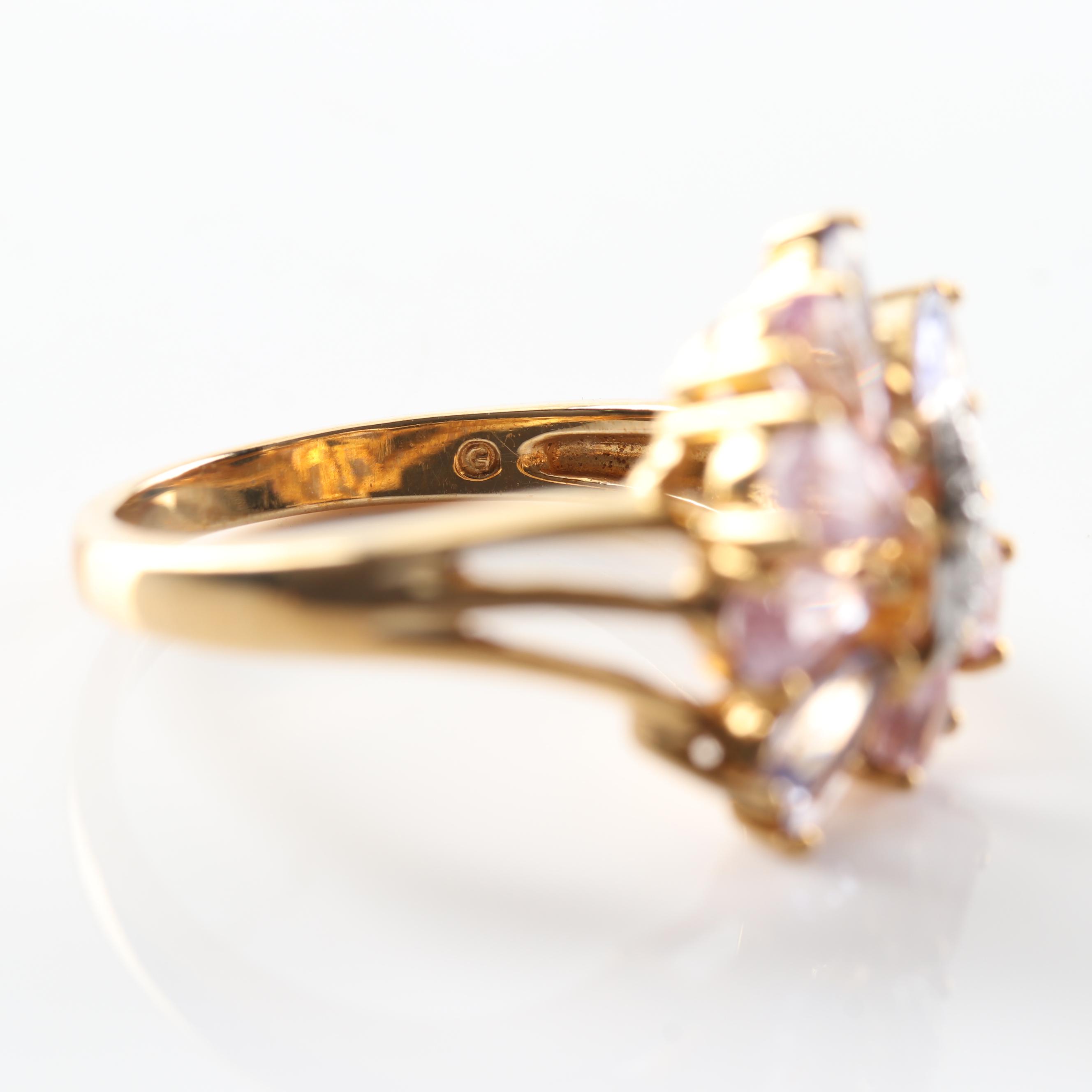 10K Yellow Gold Pink Sapphire, Tanzanite and Diamond Ring