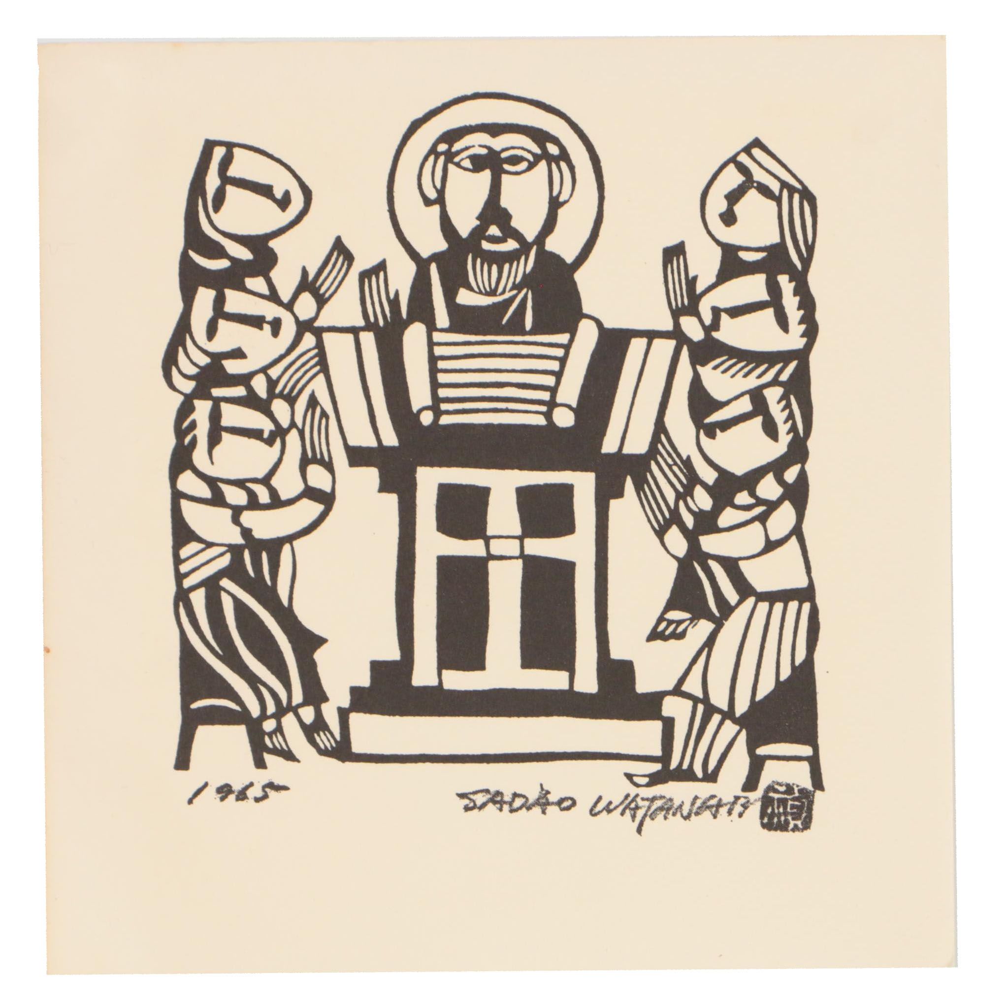 Woodblock Card after Sadao Watanabe of Preaching Figure