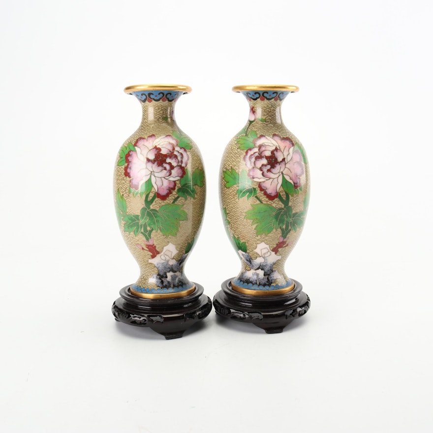 Chinese Cloisonné Vases with Wooden Bases