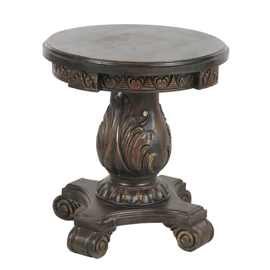 Contemporary Rosa Morada Wooden Accent Table with Scroll and Foliage Motif