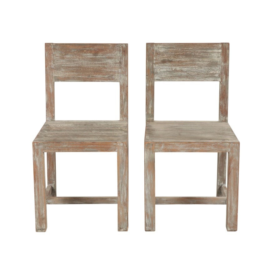 Pair of Contemporary Weathered Finish Wooden Side Chairs