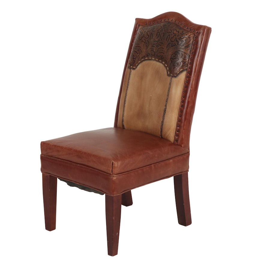 Contemporary Hand Tooled and Hand Stitched Leather Upholstered Wood Side Chair